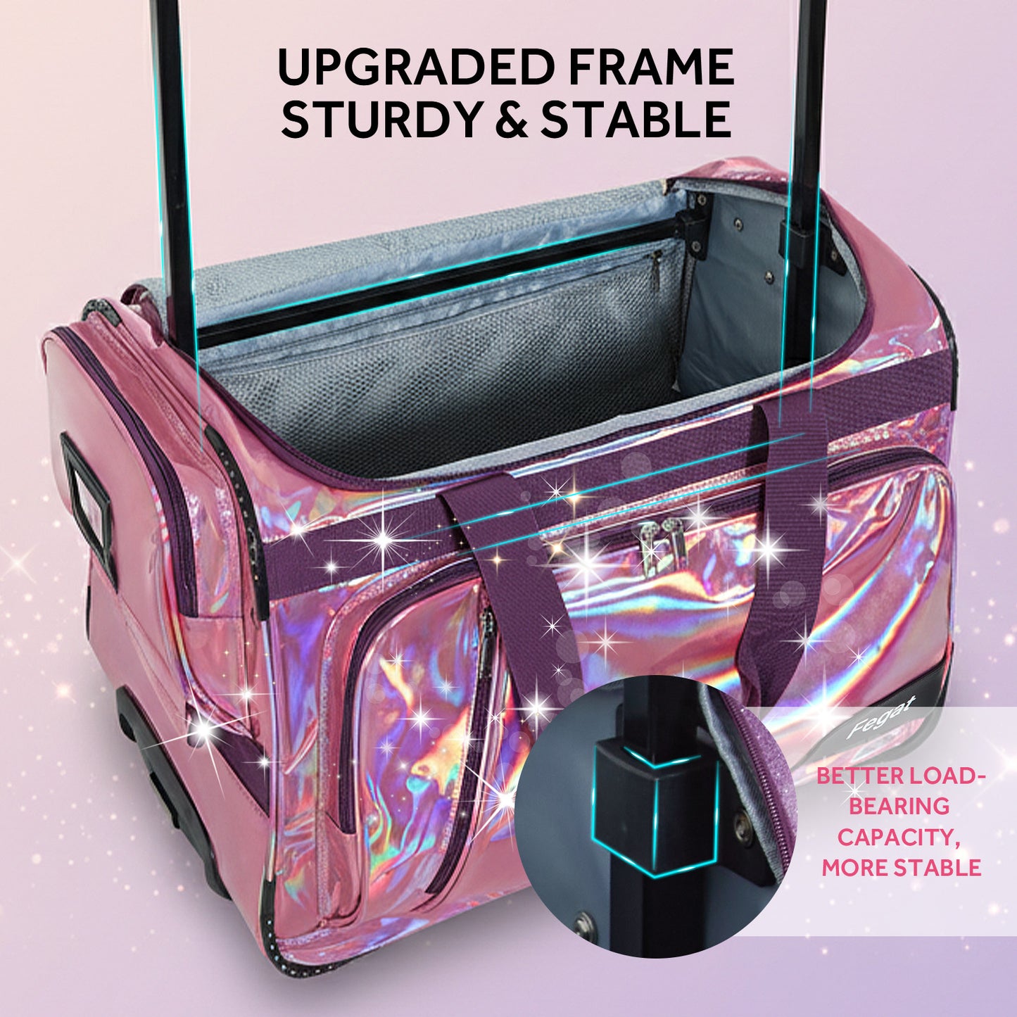 Fegat Dance Bag with Garment Rack, 23" Glittering Rolling Dance Competition Bag Prism-Glowing Waterproof Dance Duffel Bag Costume Suitcase for Dancers Performer Artist,Sparkle Purple