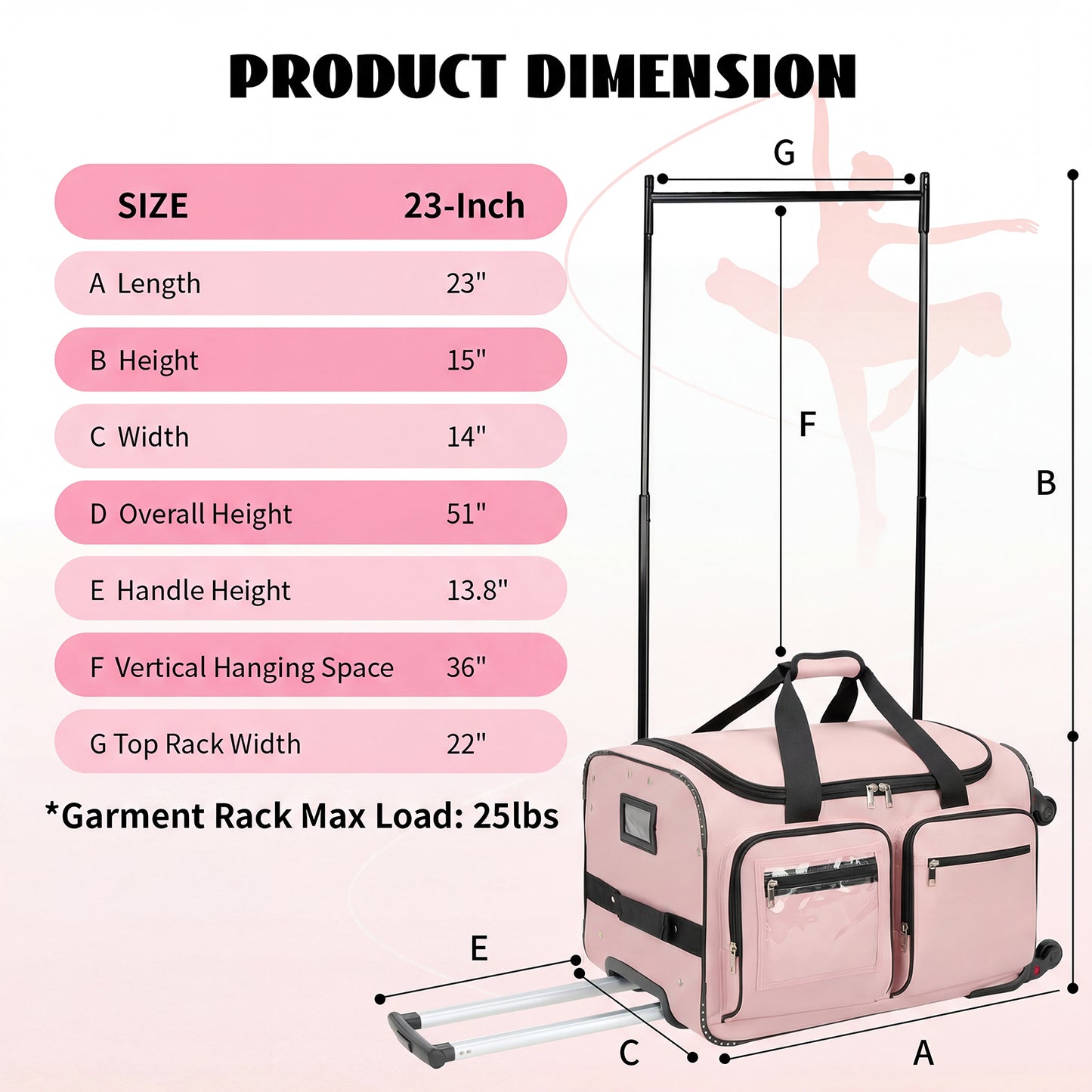 Fegat Dance Bag with Garment Rack,23" Newly Upgraded Rolling Dance Bag With 360° Detachable Wheels,Large Travel Dance Duffle Bag for Dancers Shows Livestreamer Athletes