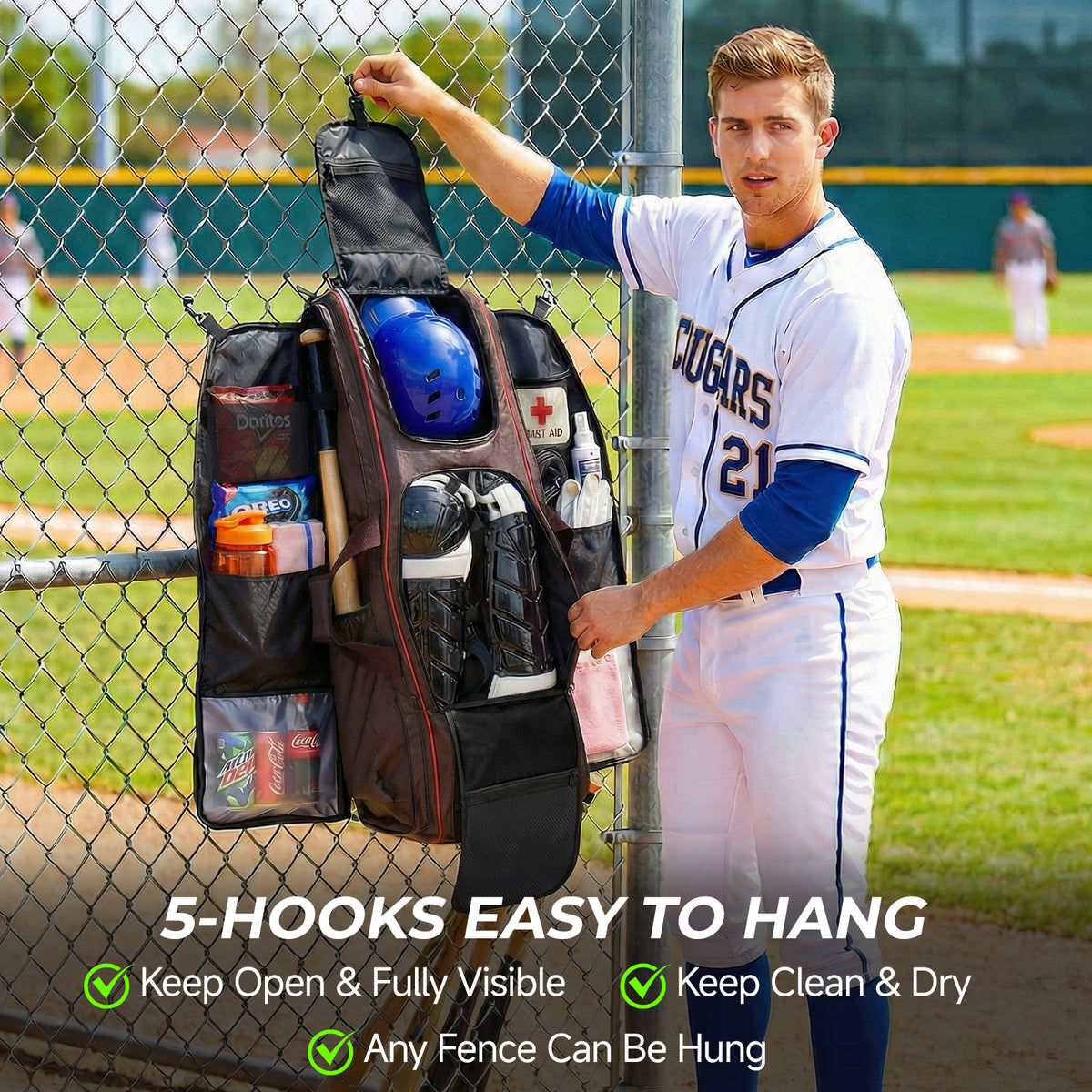 Fegat Rolling Baseball Bag with Wheels,100L Large Softball Bag Catchers Gear Bags for 8 Bats,Equipment Bag with 5 Fence Hooks,Reflective Strip,Shoe Compartment,Holds All Softball Baseball Equipment