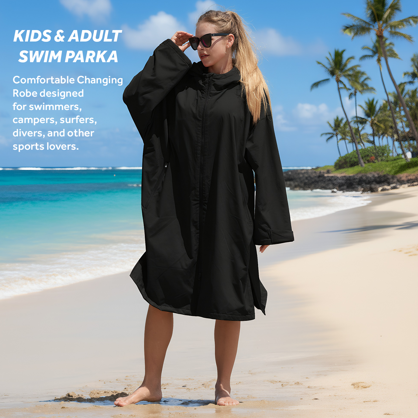 Lobmouse Swim Parka for Adult and Kids,Unisex Fleece Lined Hooded Swim Jacket,Waterproof Windproof Versatile Warm Coat Oversized Bat Wing Changing Poncho for Surfing Swimming