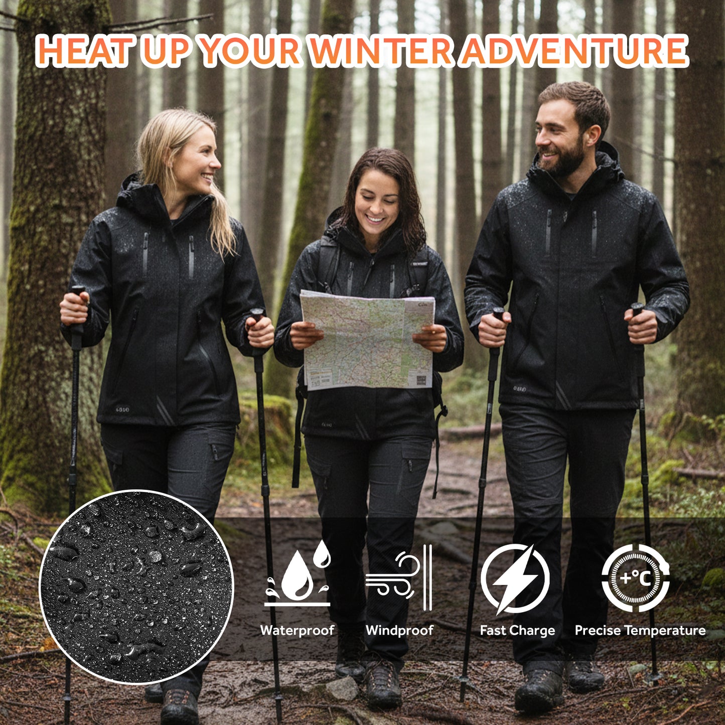 Heated Jacket for Men Women,Battery Powered Heating Jacket,Waterproof Windproof Warm Hooded Heated Coat for Hiking Skiing Camping