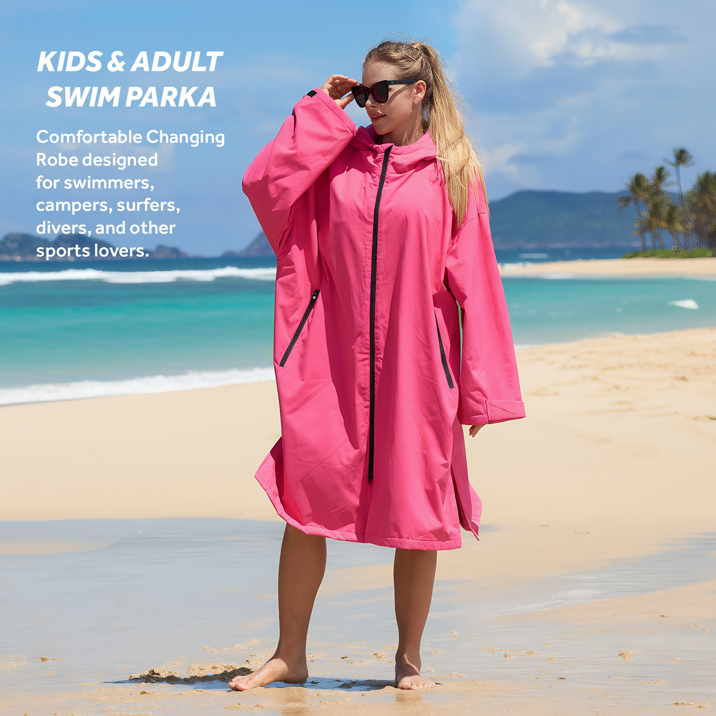 Lobmouse Swim Parka for Adult and Kids,Unisex Fleece Lined Hooded Swim Jacket,Waterproof Windproof Versatile Warm Coat Oversized Bat Wing Changing Poncho for Surfing Swimming