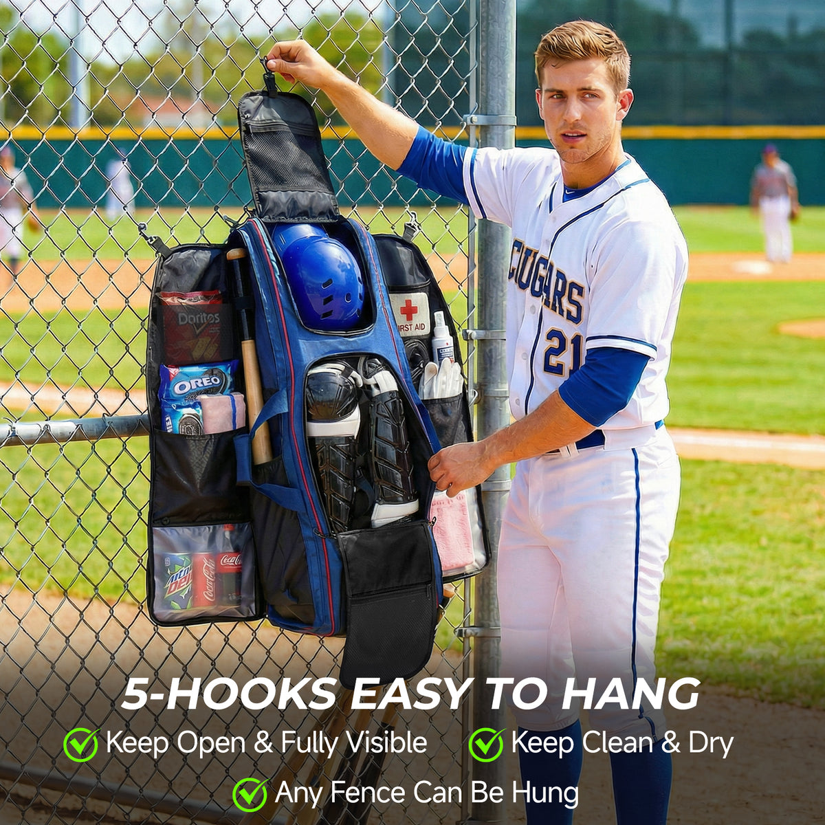 Fegat Rolling Baseball Bag with Wheels,100L Large Softball Bag Catchers Gear Bags for 8 Bats,Equipment Bag with 5 Fence Hooks,Reflective Strip,Shoe Compartment,Holds All Softball Baseball Equipment