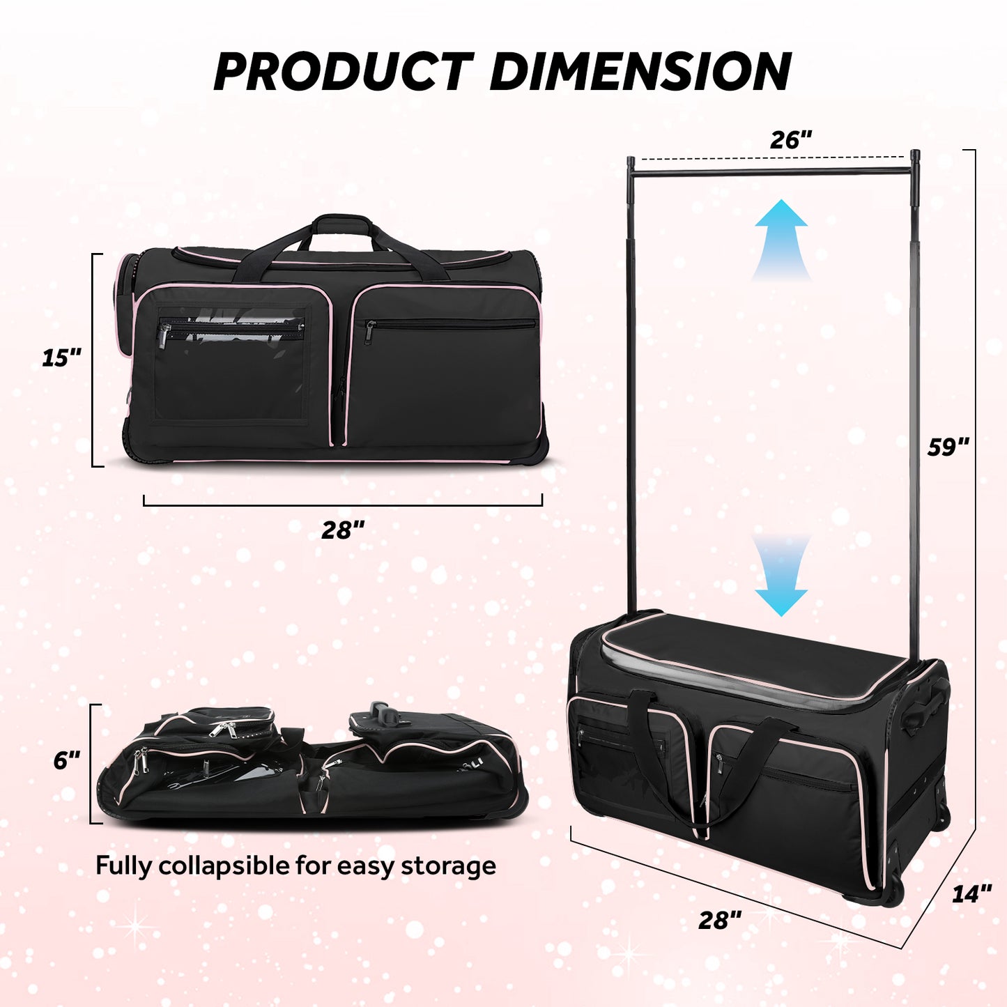 Fegat Dance Bag with Garment Rack - 28"Collapsible Rolling Competition Dance Duffle Bag Lightweight Costume Wheeled Suitcase for Dancers Shows Livestreamer Athletes