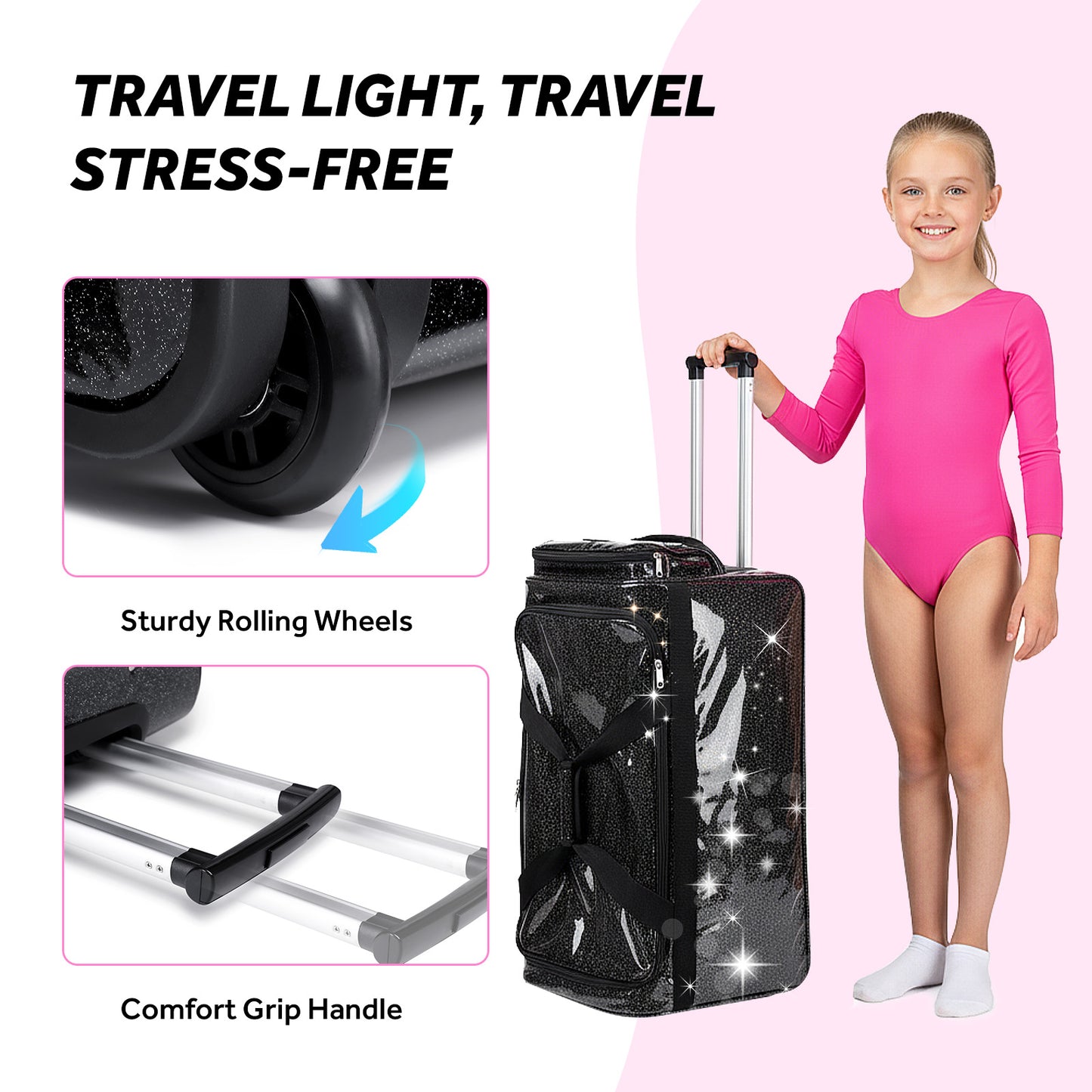 Fegat 28" Dance Bag with Garment Rack,Upgraded Collapsible Glittering Rolling Competition Dance Duffle Bag Lightweight Wear-Resistant Costume Wheeled Suitcase for Dancers Shows,Black