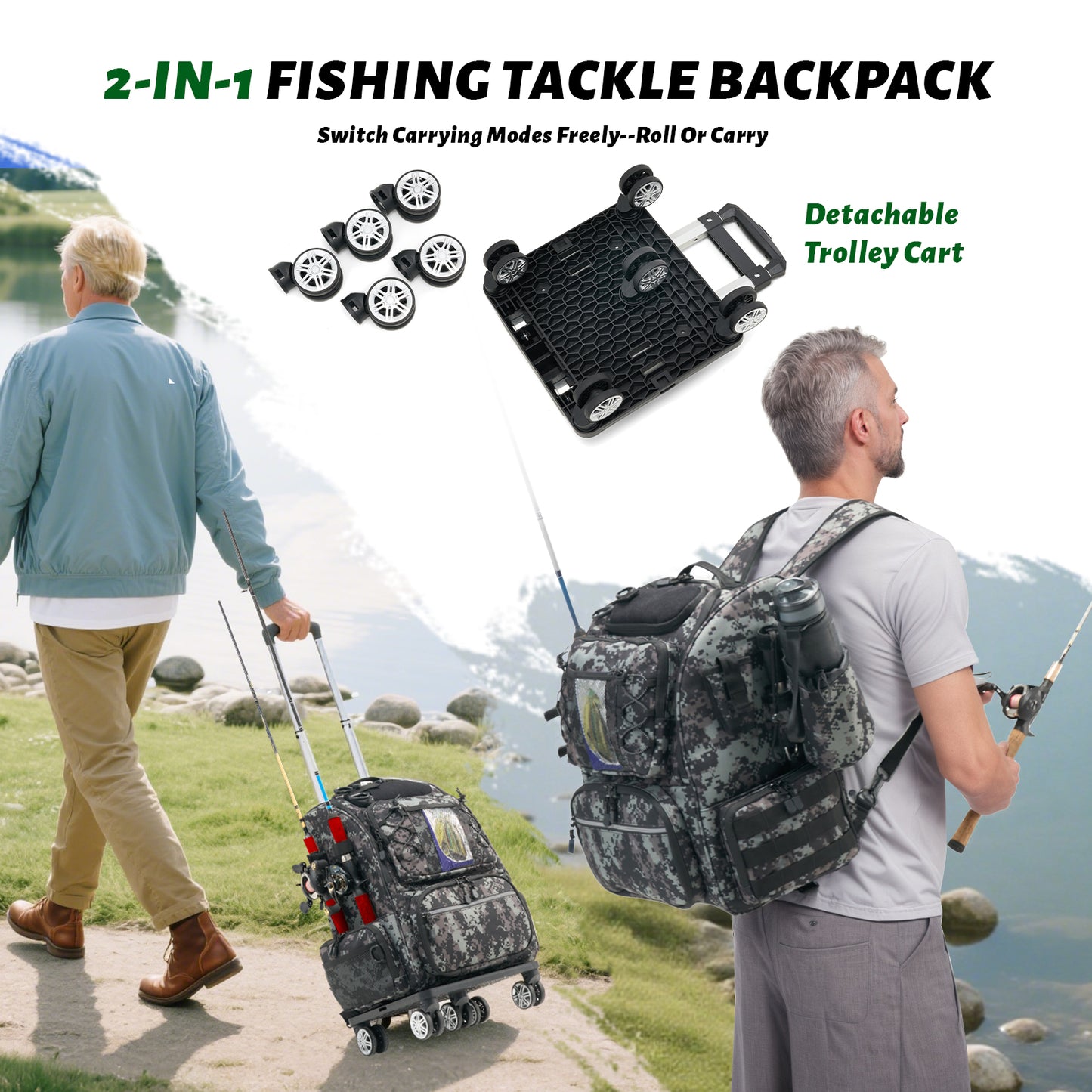 Fegat Rolling Fishing Tackle Backpack with Rod & Gear Holder, 48L Large Wheeled Storage Bag Tackle Boxes Organize Fishing Equipment for Camping,Hunting Gifts for Men Father, Black