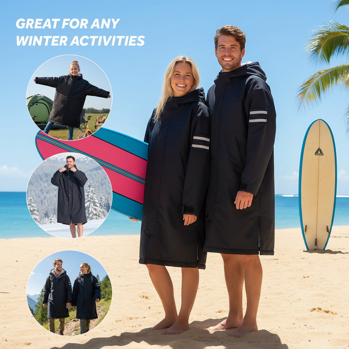 Lobmouse Unisex Swim Parka,Sherpa Fleece Lined Warm Coat,Windproof Waterproof Quick-dry Hooded Swim Jacket,Oversize Surf Poncho Changing Robe Parka for Adult & Kids