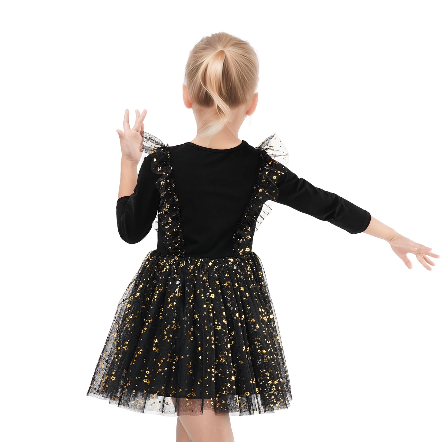 Toddler Girls Christmas Dresses Tutu Long Sleeve Velvet Tulle Fall Winter Princess Star Sequin Ruffle Holiday Party Birthday Xmas Dresses Black 4T(100)