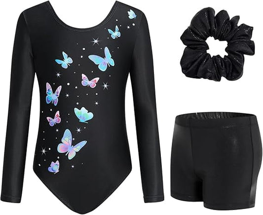 Leotards for Girls Gymnastics, Long Sleeve Sparkly Dance Biketards with Shorts Ballet Tumbling Outfit for 3-12 Years