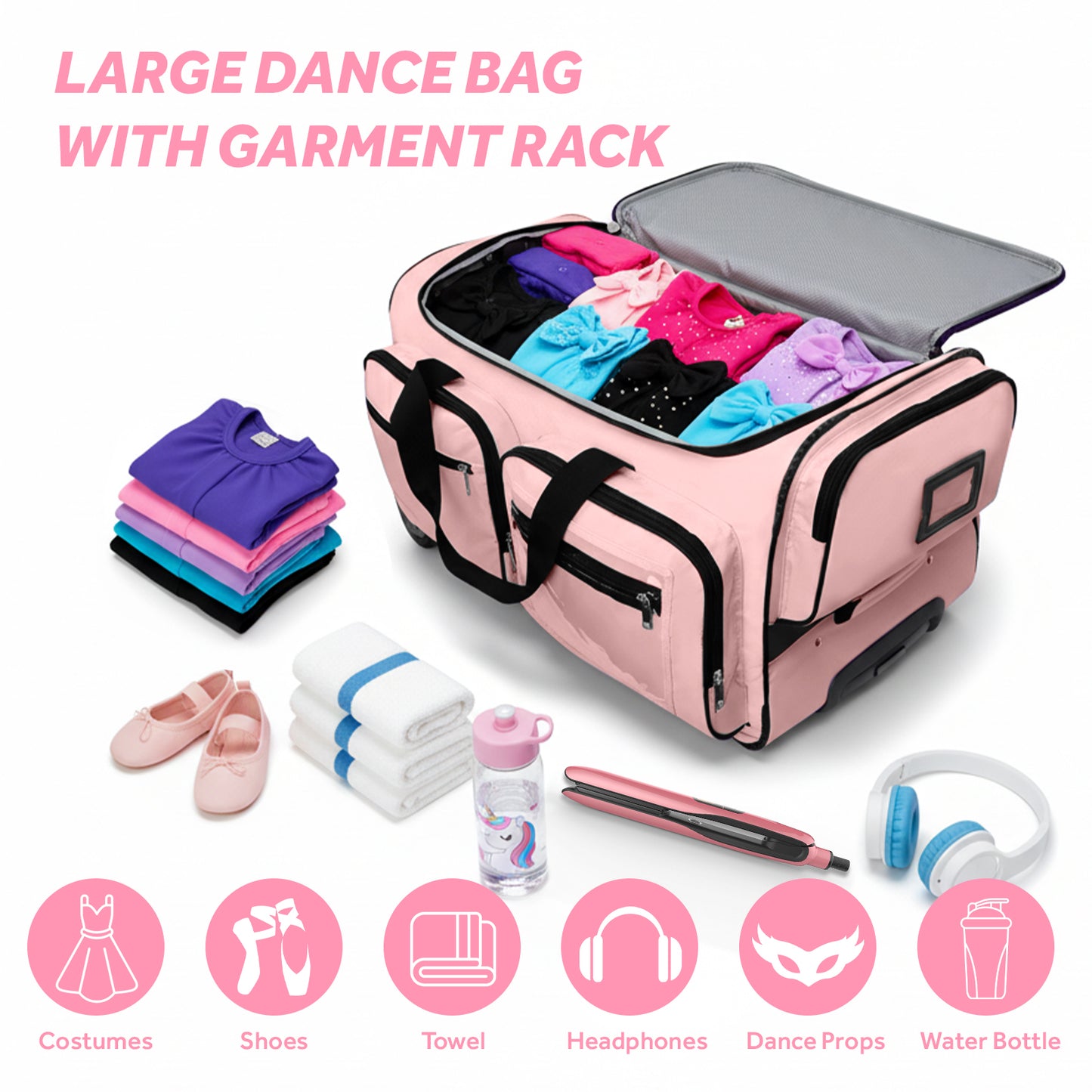 Fegat Dance Bag with Garment Rack - 28"Collapsible Rolling Competition Dance Duffle Bag Lightweight Costume Wheeled Suitcase for Dancers Shows Livestreamer Athletes