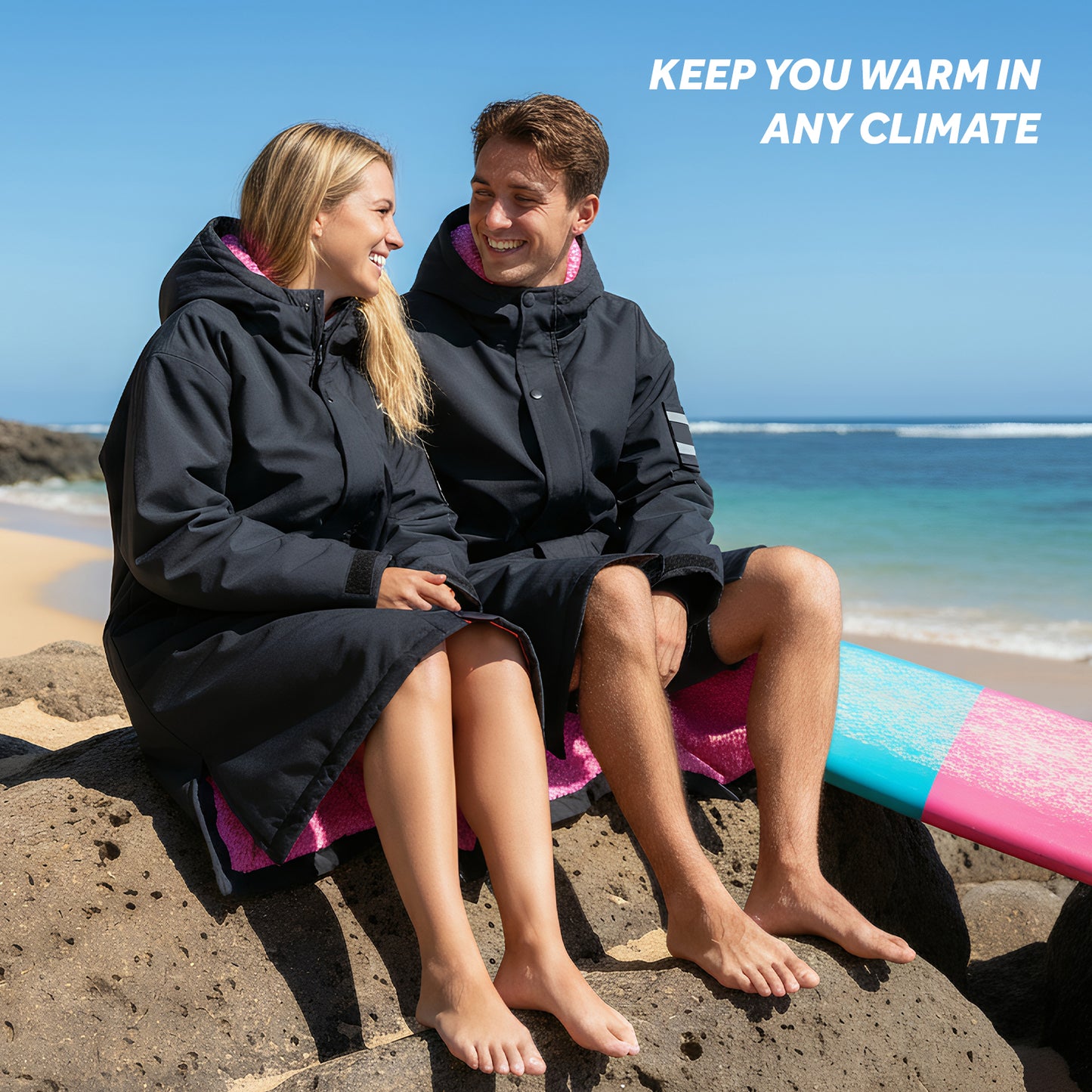 Lobmouse Unisex Swim Parka,Sherpa Fleece Lined Warm Coat,Windproof Waterproof Quick-dry Hooded Swim Jacket,Oversize Surf Poncho Changing Robe Parka for Adult & Kids