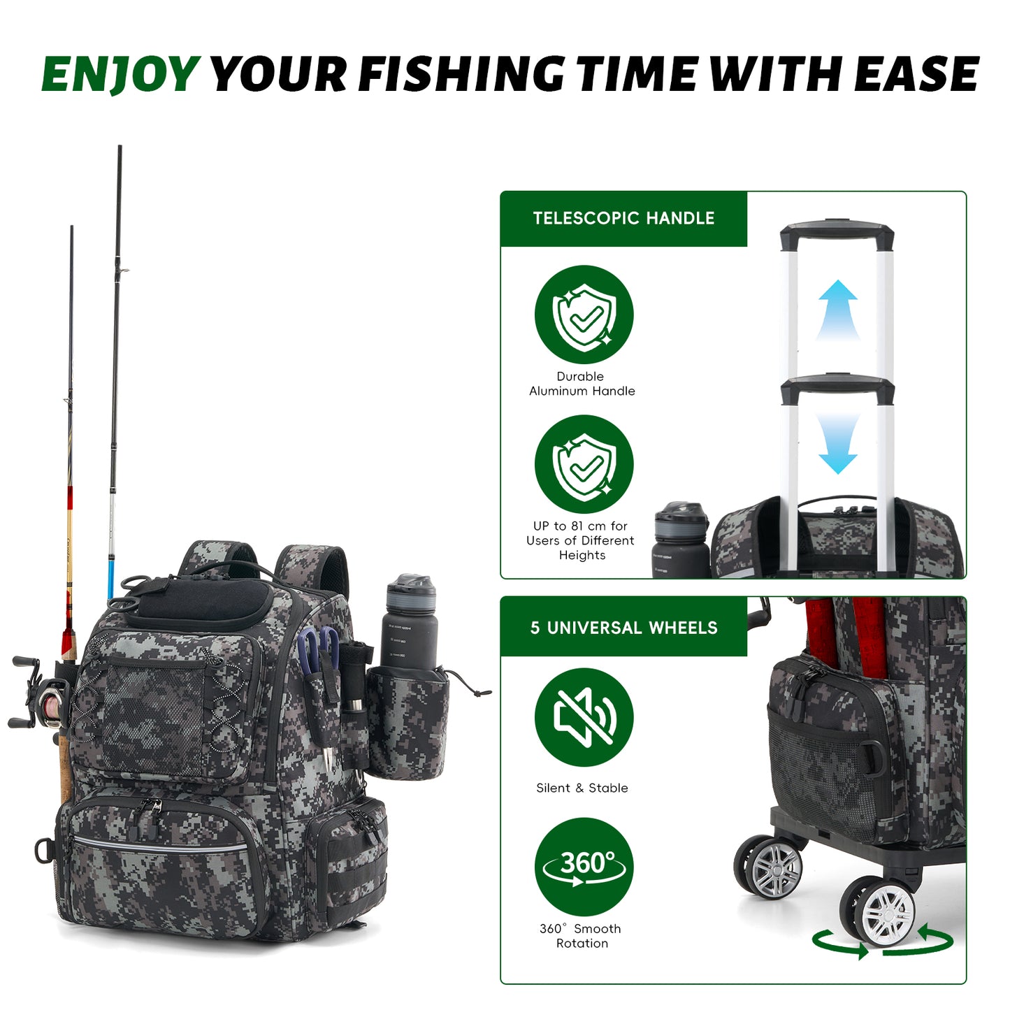Fegat Rolling Fishing Tackle Backpack with Rod & Gear Holder, 48L Large Wheeled Storage Bag Tackle Boxes Organize Fishing Equipment for Camping,Hunting Gifts for Men Father, Black