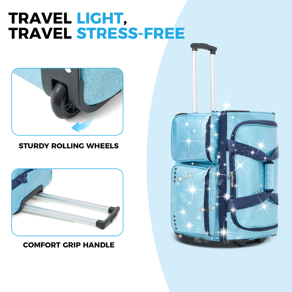 Fegat Dance Bag with Garment Rack, 23" Glittering Rolling Dance Competition Bag Prism-Glowing Waterproof Dance Duffel Bag Costume Suitcase for Dancers Performer Artist,Sparkle Blue