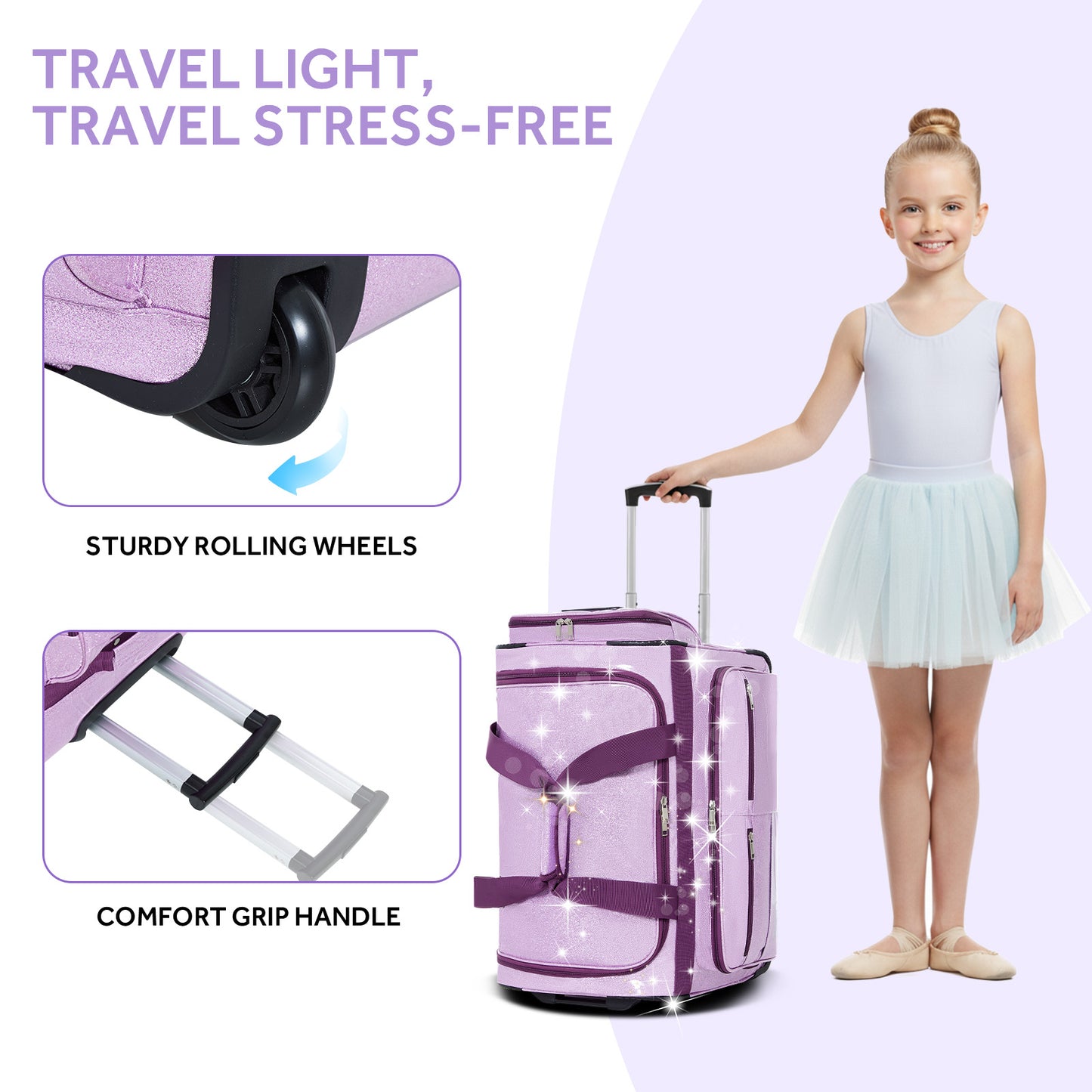 Fegat Dance Bag with Garment Rack,23"Glitter Bright Rolling Dance Duffel Bag Lightweight Competition Bag Costume Suitcase for Dancers Performer Artist, Shine Glitter Purple