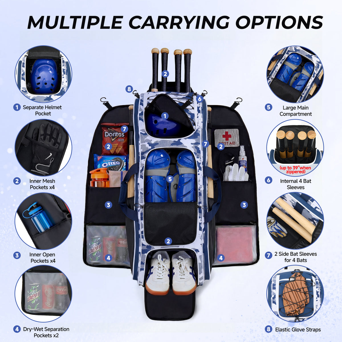 Fegat Rolling Baseball Bag with Wheels,100L Large Softball Bag Catchers Gear Bags for 8 Bats,Equipment Bag with 5 Fence Hooks,Reflective Strip,Shoe Compartment,Holds All Softball Baseball Equipment