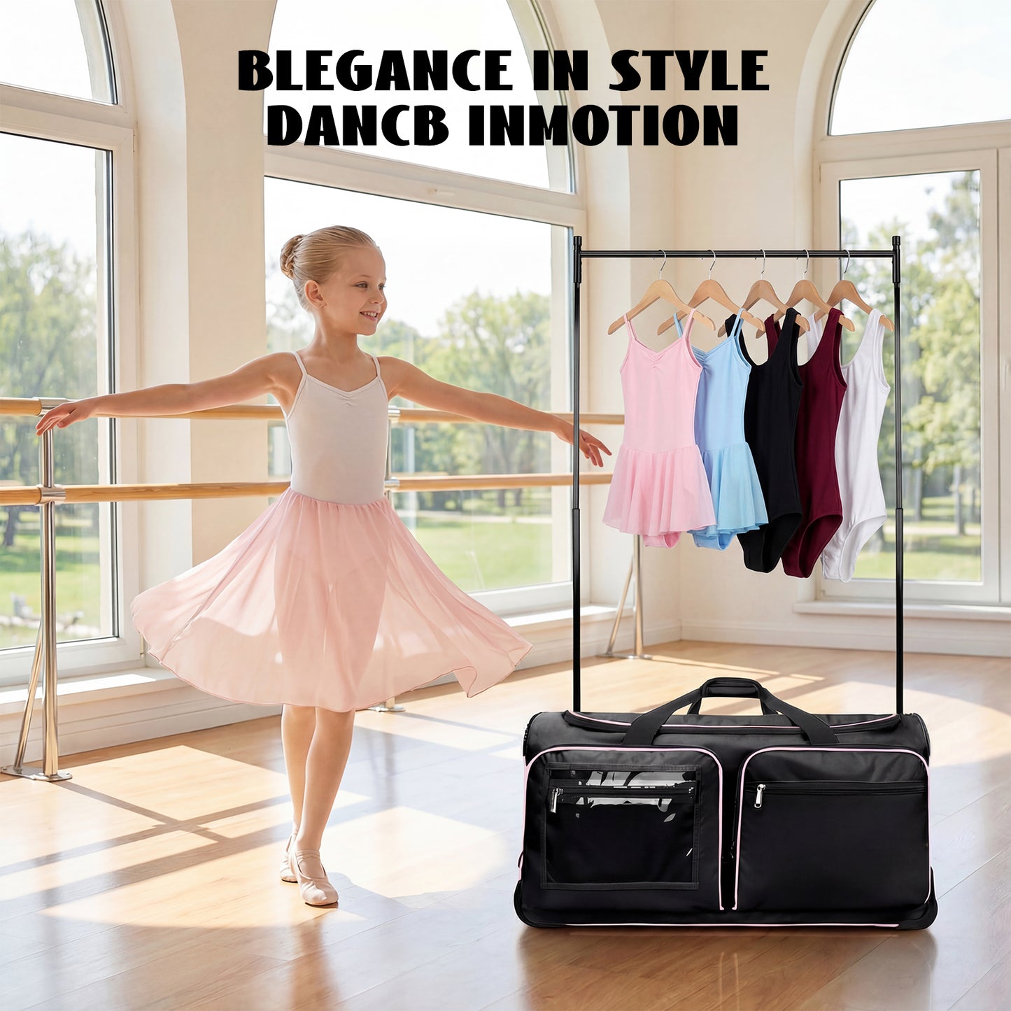 Fegat New Upgraded Dance Bag with Garment Rack,23" Lightweight Rolling Dance Duffel Bag Stable System Wheeled Costume Dance Bag for Dancers Shows Livestreamer Athletes