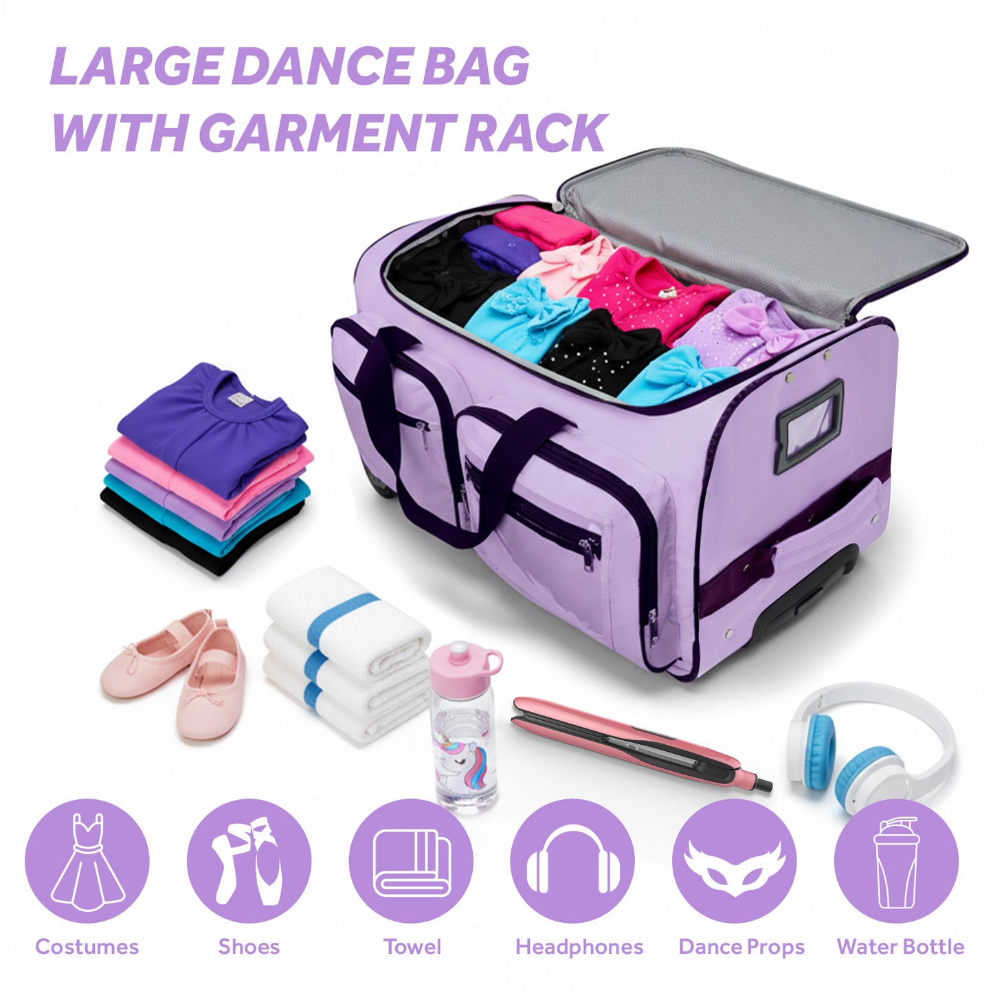 Fegat Dance Bag with Garment Rack - 28"Collapsible Rolling Competition Dance Duffle Bag Lightweight Costume Wheeled Suitcase for Dancers Shows Livestreamer Athletes,Purple