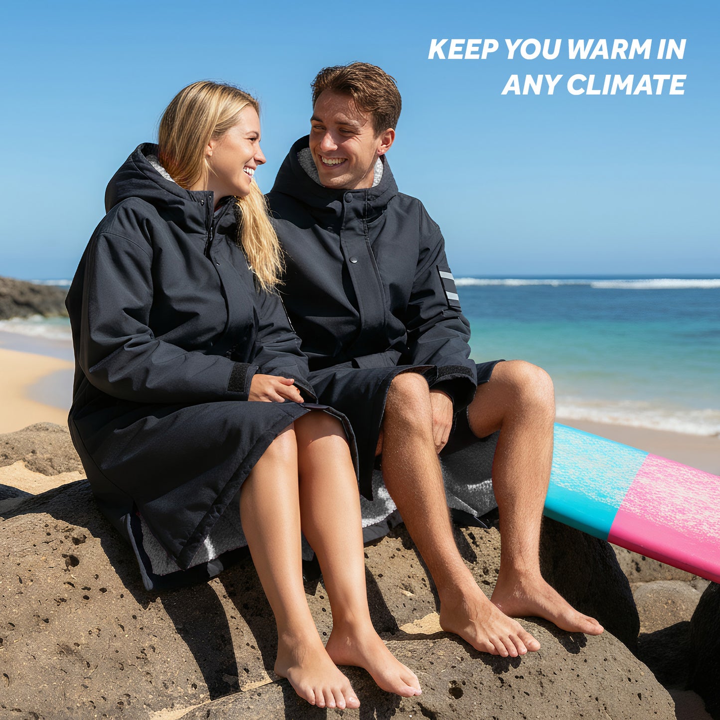 Lobmouse Unisex Swim Parka,Sherpa Fleece Lined Warm Coat,Windproof Waterproof Quick-dry Hooded Swim Jacket,Oversize Surf Poncho Changing Robe Parka for Adult & Kids