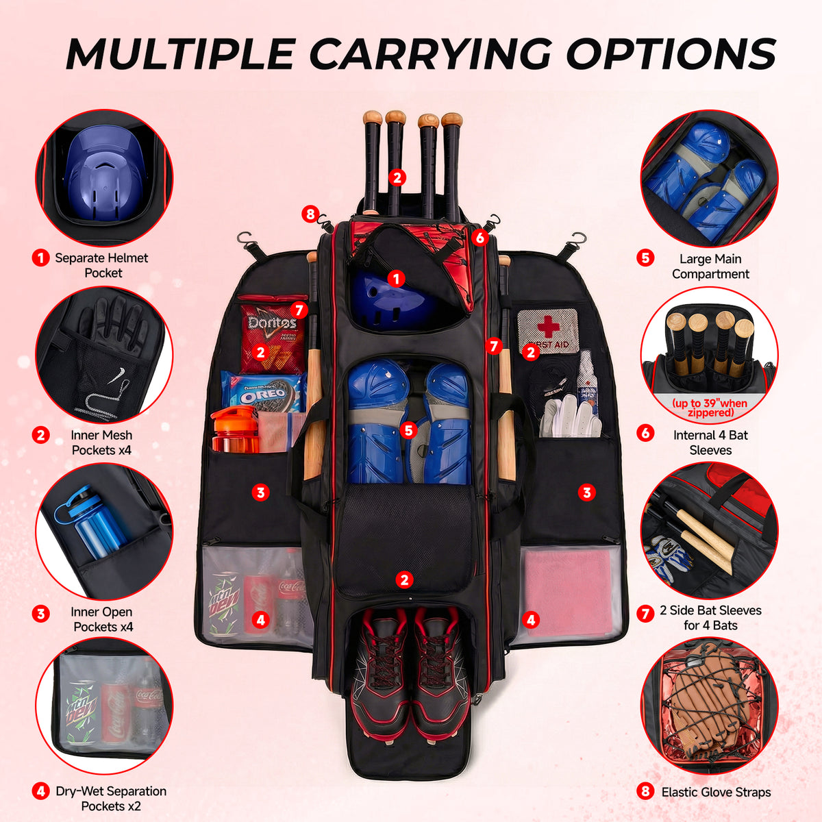 Fegat 100L Rolling Baseball Bag, Newly Catchers Gear Bag for Baseball Softball, Portable Waterproof Equipment Bag Holds 8 Bats, Stand-Up Base, Reflective Strip, Fence Hooks