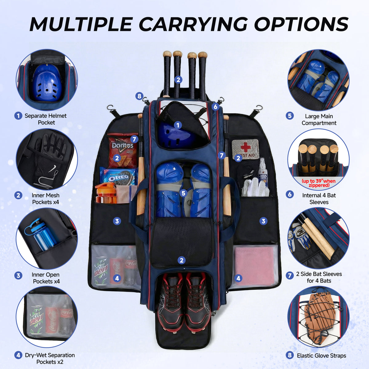 Fegat Rolling Baseball Bag with Wheels,100L Large Softball Bag Catchers Gear Bags for 8 Bats,Equipment Bag with 5 Fence Hooks,Reflective Strip,Shoe Compartment,Holds All Softball Baseball Equipment