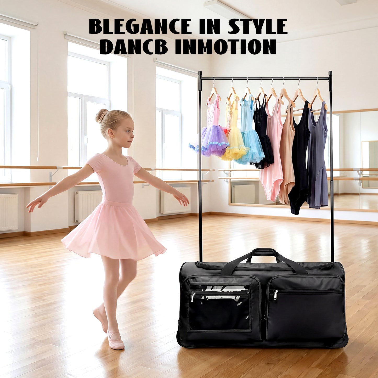 Fegat New Upgraded Dance Bag with Garment Rack,23" Lightweight Rolling Dance Duffel Bag Stable System Wheeled Costume Dance Bag for Dancers Shows Livestreamer Athletes