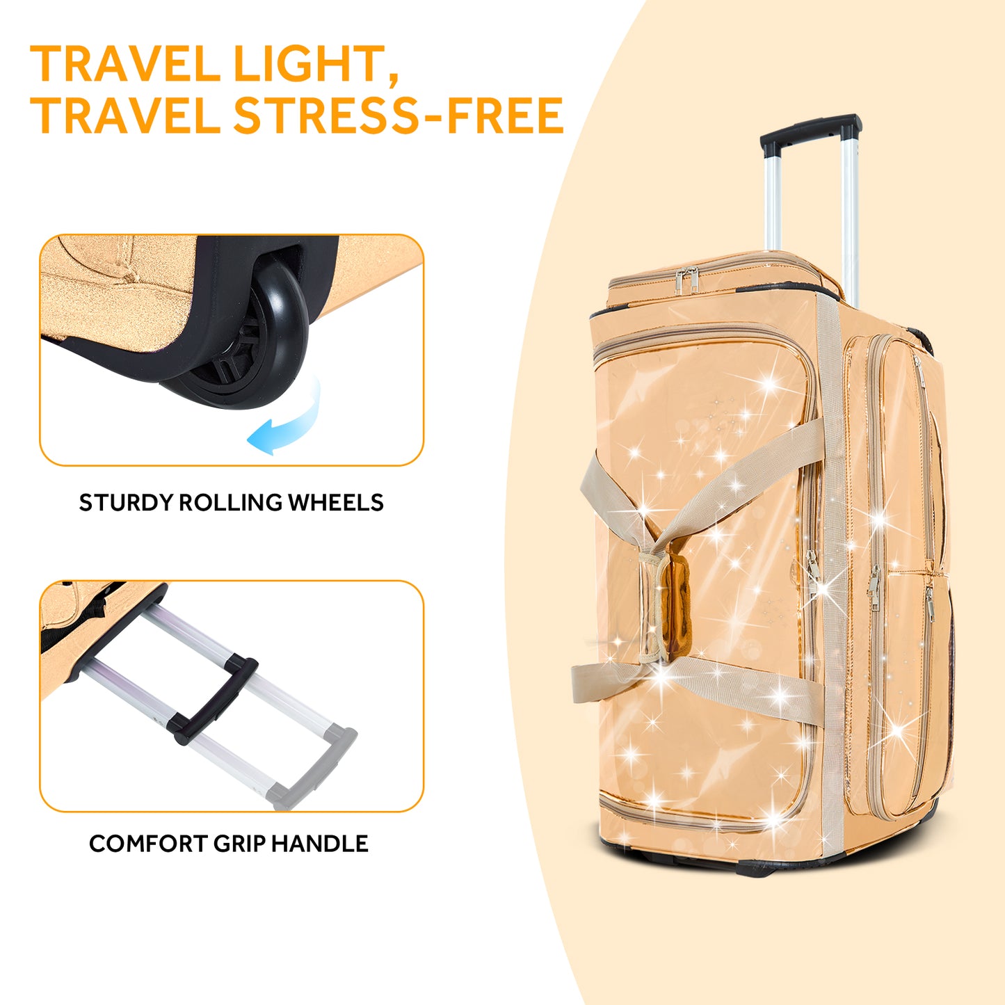 Fegat 28" Dance Bag with Garment Rack,Upgraded Glitter Rolling Competition Dance Duffel Bag Waterproof Costume Travel Bag Costume Suitcase for Dancer Performer Athletes,Gold