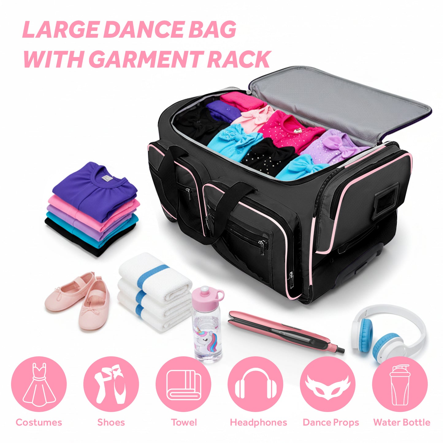 Fegat Dance Bag with Garment Rack - 28"Collapsible Rolling Competition Dance Duffle Bag Lightweight Costume Wheeled Suitcase for Dancers Shows Livestreamer Athletes