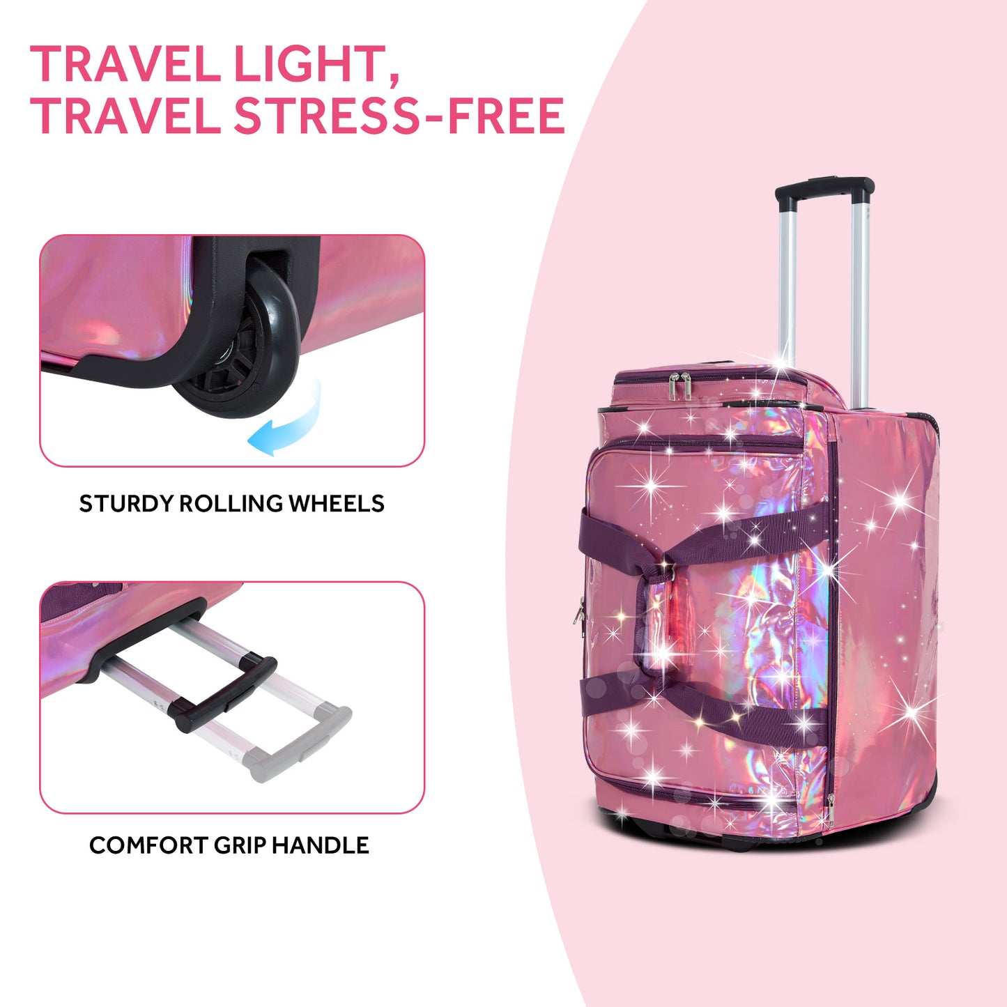 Fegat Dance Bag with Garment Rack, 23" Glittering Rolling Dance Competition Bag Prism-Glowing Waterproof Dance Duffel Bag Costume Suitcase for Dancers Performer Artist,Sparkle Purple