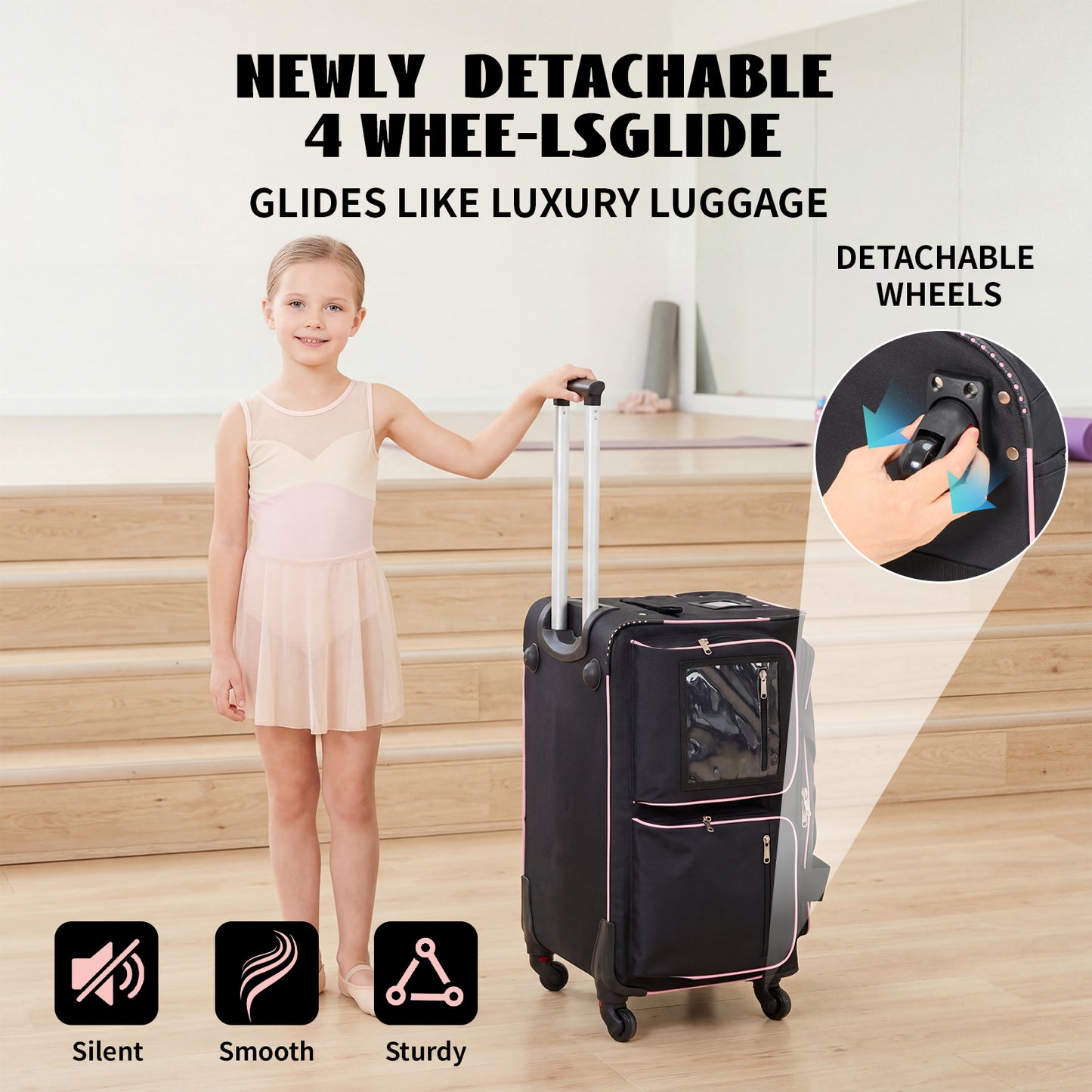 Fegat Dance Bag with Garment Rack,23" Newly Upgraded Rolling Dance Bag With 360° Detachable Wheels,Large Travel Dance Duffle Bag for Dancers Shows Livestreamer Athletes