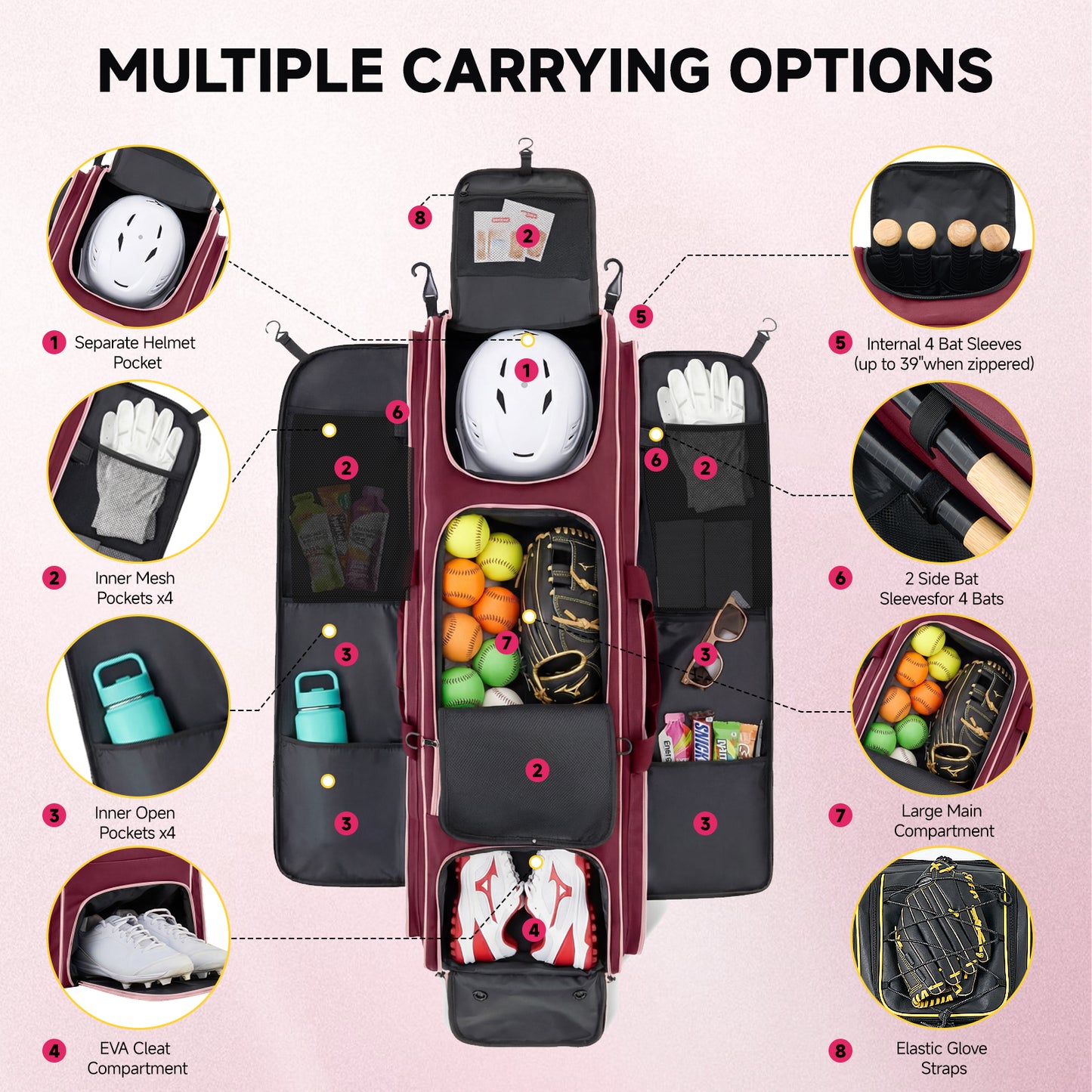 Fegat Rolling Baseball Bag with Wheels,90L Large Softball Bag Catchers Gear Bags for 8 Bats,Equipment Bag with 5 Fence Hooks,Reflective Strip,Shoe Compartment,Holds All Softball Baseball Equipment