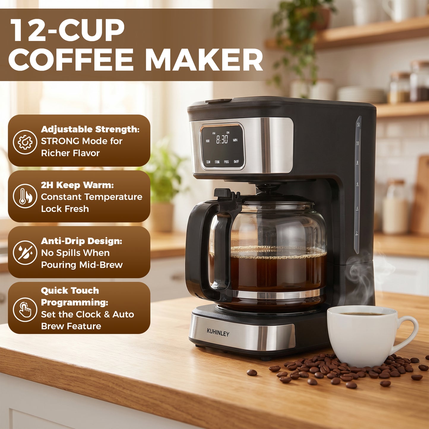 Kuhitley 12 Cup Drip Coffee Maker, 950W Automatic Coffee Machine with Programmable Timer, Strong Brew, 2-Hour Keep Warm & Auto Shut Off, 1.8L for Home Kitchen Daily Use,Black，CM-135ES2