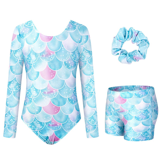 Toddler Gymnastics Leotard 3PC Long Sleeve Sparkly with Shorts for Tumbling Outfits Gymnastics Gifts for Girls Size 3-12 Green