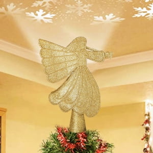 Christmas Tree Topper, Gold Angel Tree Topper Lighted with 3D Rotating Snowflake Projector, Glittering Lighted Xmas Tree Topper for Christmas Holiday Decorations Gift