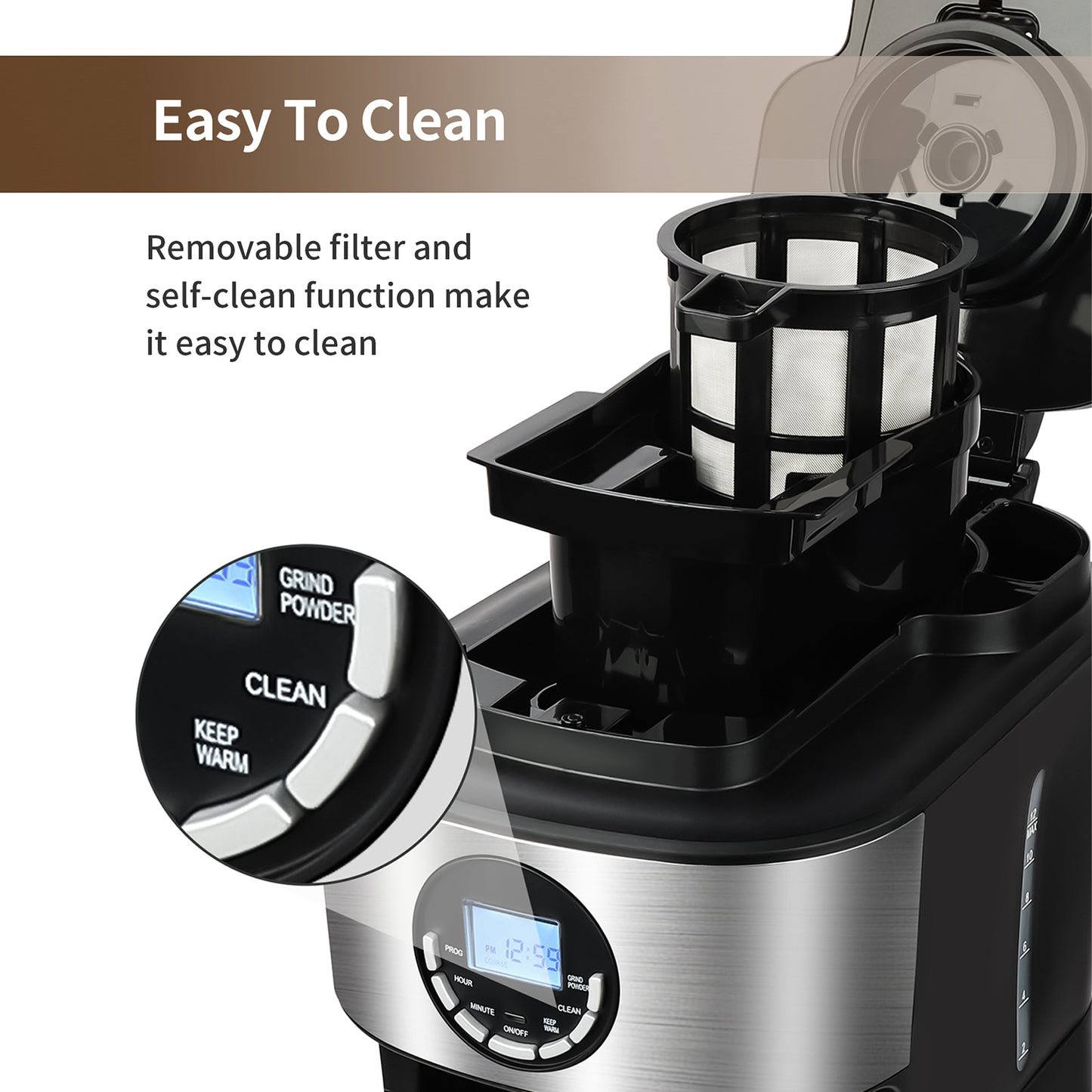 Kuhitley Coffee Maker with Grinder 12 Cups, Programmable Grind and Brew Coffee Machine with Warming Plate, Automatic Drip Coffee Pot with 60 oz Glass Carafe BPA Free, 950W, Black