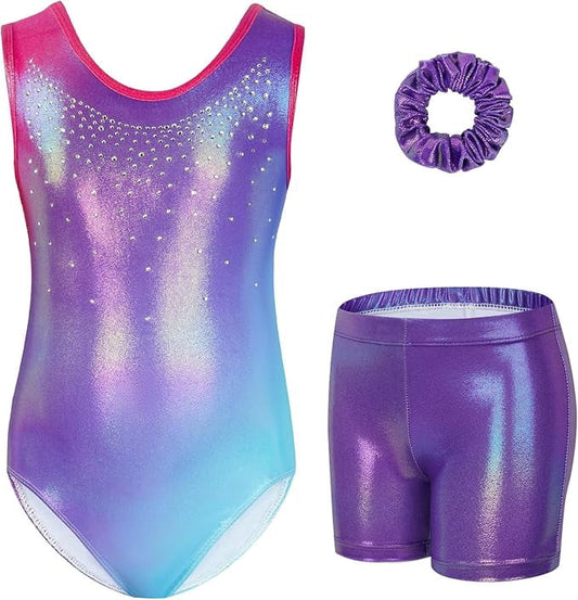 Gymnastics Leotards for Girls,Sleeveless Rhinestone Kids Dance Unitards Biketards with Shorts and Hair Scrunchie