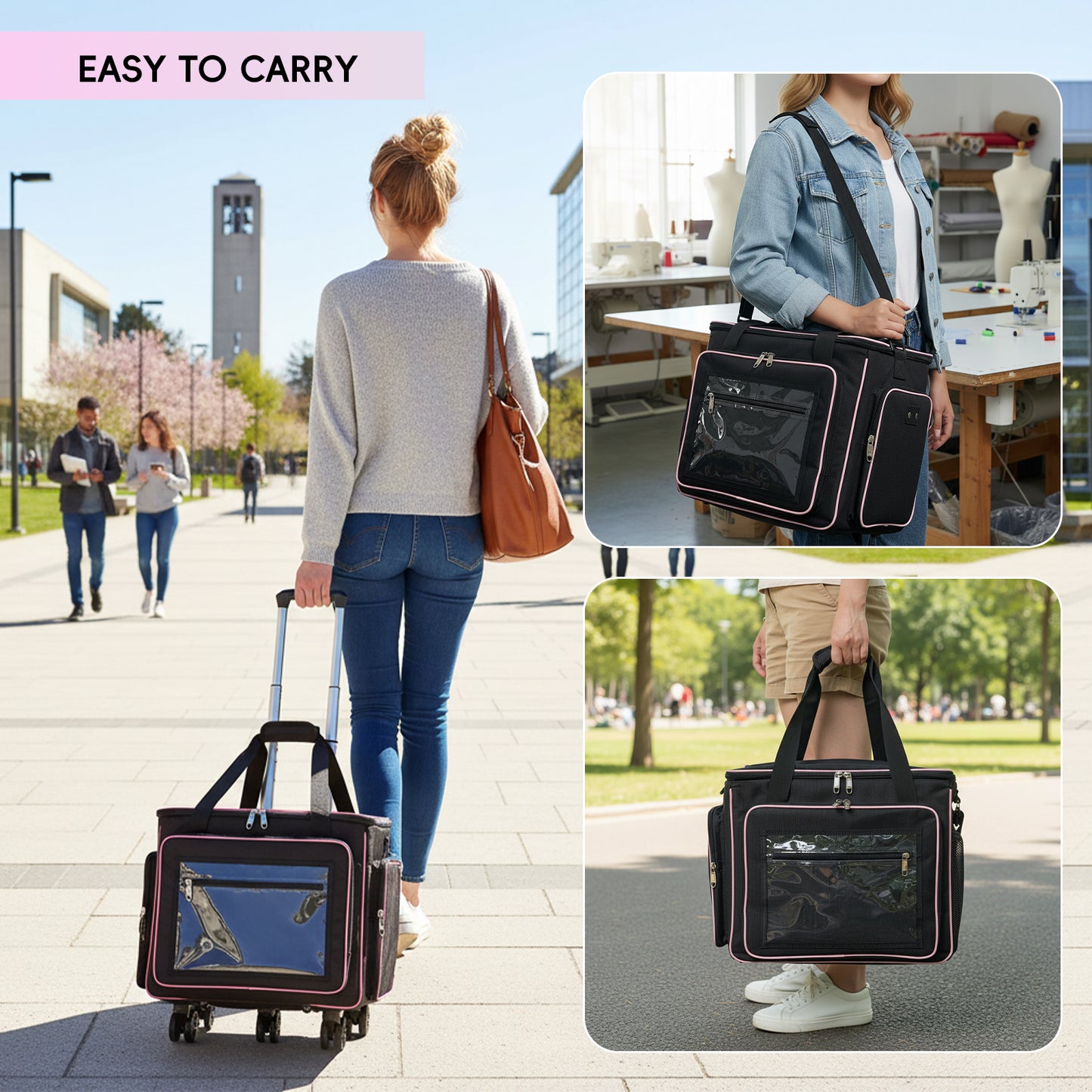 Fegat Rolling Craft Bag,Large Rolling Teacher Tote Bag with Laptop Compartment,Detachable Dolly,Roller Scrapbook Tote Bag Sewing Machine Storage Tote for Women,Craft,Teaching,Office, 5 Wheels, 17.3"