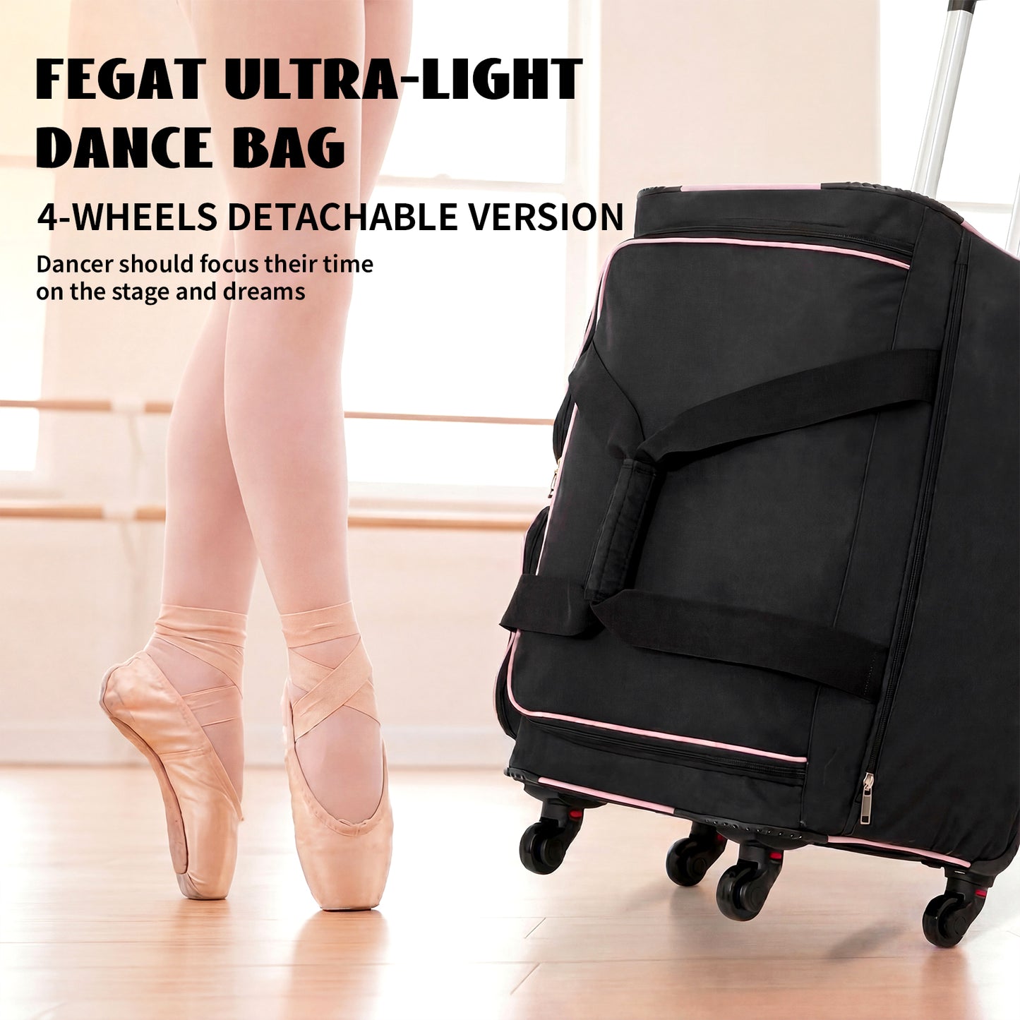 Fegat Dance Bag with Garment Rack,23" Newly Upgraded Rolling Dance Bag With 360° Detachable Wheels,Large Travel Dance Duffle Bag for Dancers Shows Livestreamer Athletes