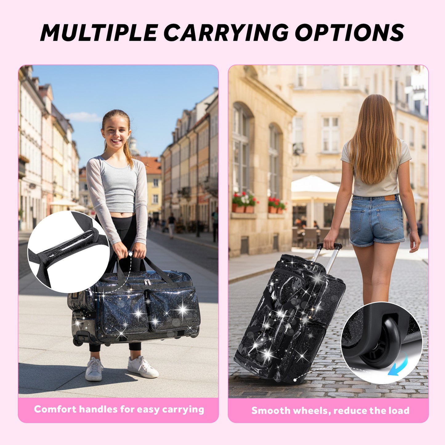 Fegat 28" Dance Bag with Garment Rack,Upgraded Collapsible Glittering Rolling Competition Dance Duffle Bag Lightweight Wear-Resistant Costume Wheeled Suitcase for Dancers Shows,Black