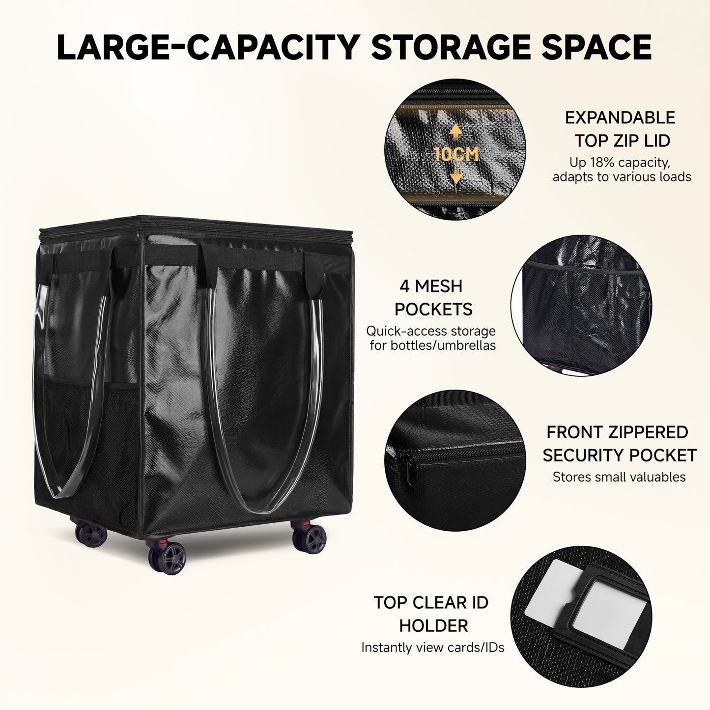 Fegat Reusable Grocery Bag on Wheels,Foldable Rolling Tote,Large Shopping Bags with Wheels and Handle,Water-resistant Shopping Trolley for Trips, Moving,Laundry,Kitchen(Black)