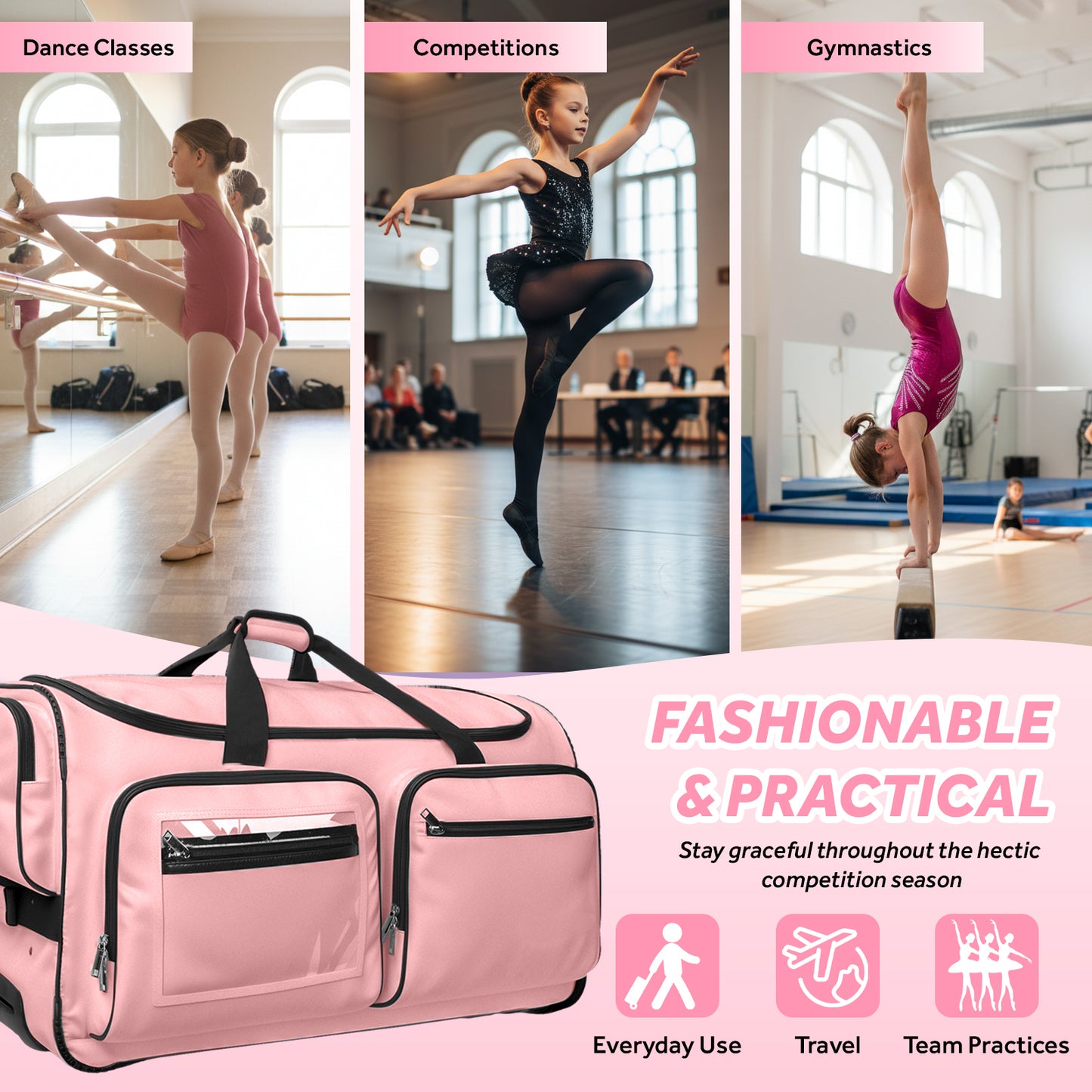 Fegat Dance Bag with Garment Rack - 28"Collapsible Rolling Competition Dance Duffle Bag Lightweight Costume Wheeled Suitcase for Dancers Shows Livestreamer Athletes