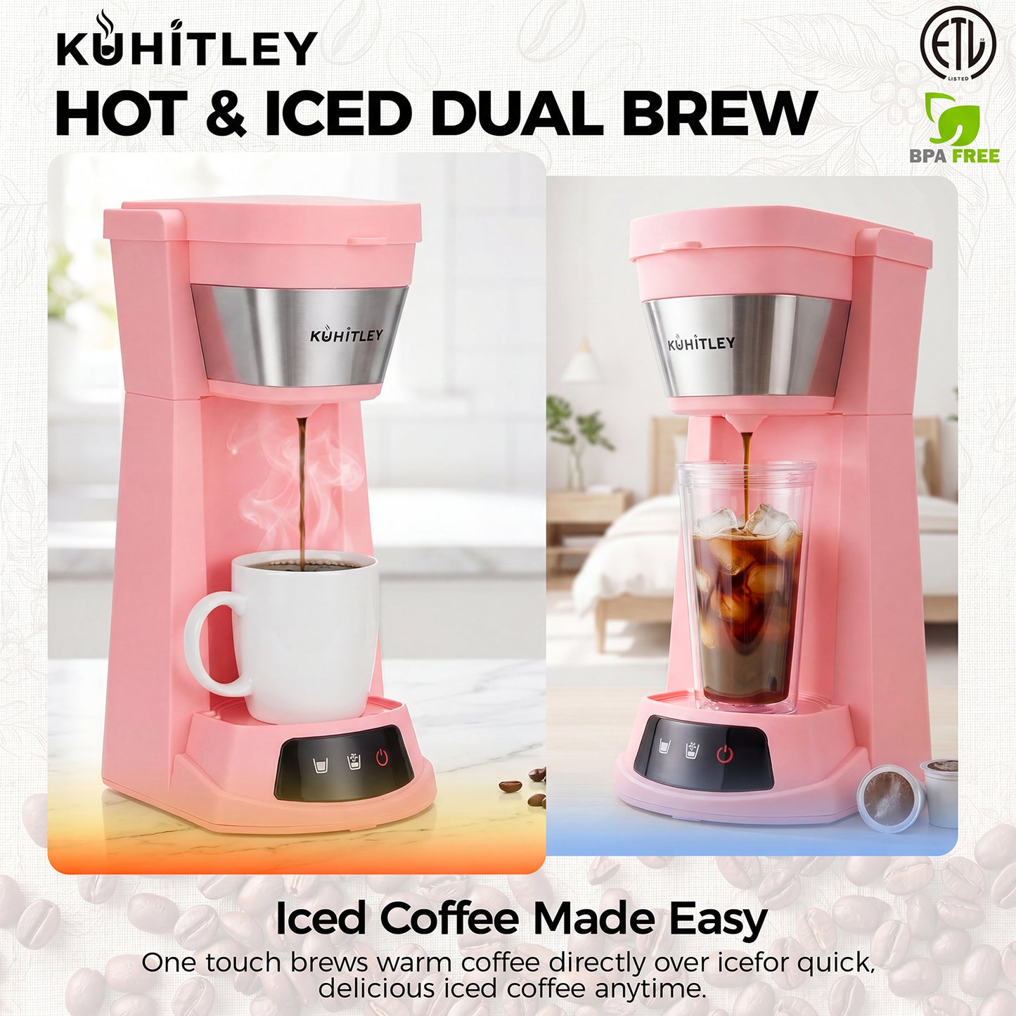 Kuhitley Single Serve Coffee Maker for Grounds,14oz Hot & Iced Coffee Brewer with 420ml Water Cup,700W Compact Machine with Reusable Mesh Filter,One Cup Coffee Maker for Home