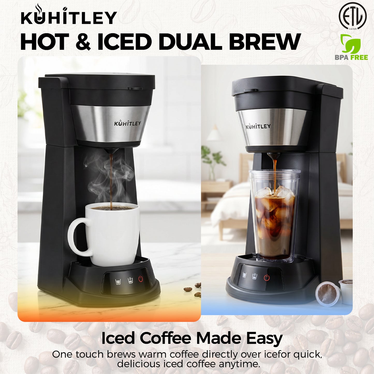 Kuhitley Single Serve Coffee Maker for Grounds,14oz Hot & Iced Coffee Brewer with 420ml Water Cup,700W Compact Machine with Reusable Mesh Filter,One Cup Coffee Maker for Home