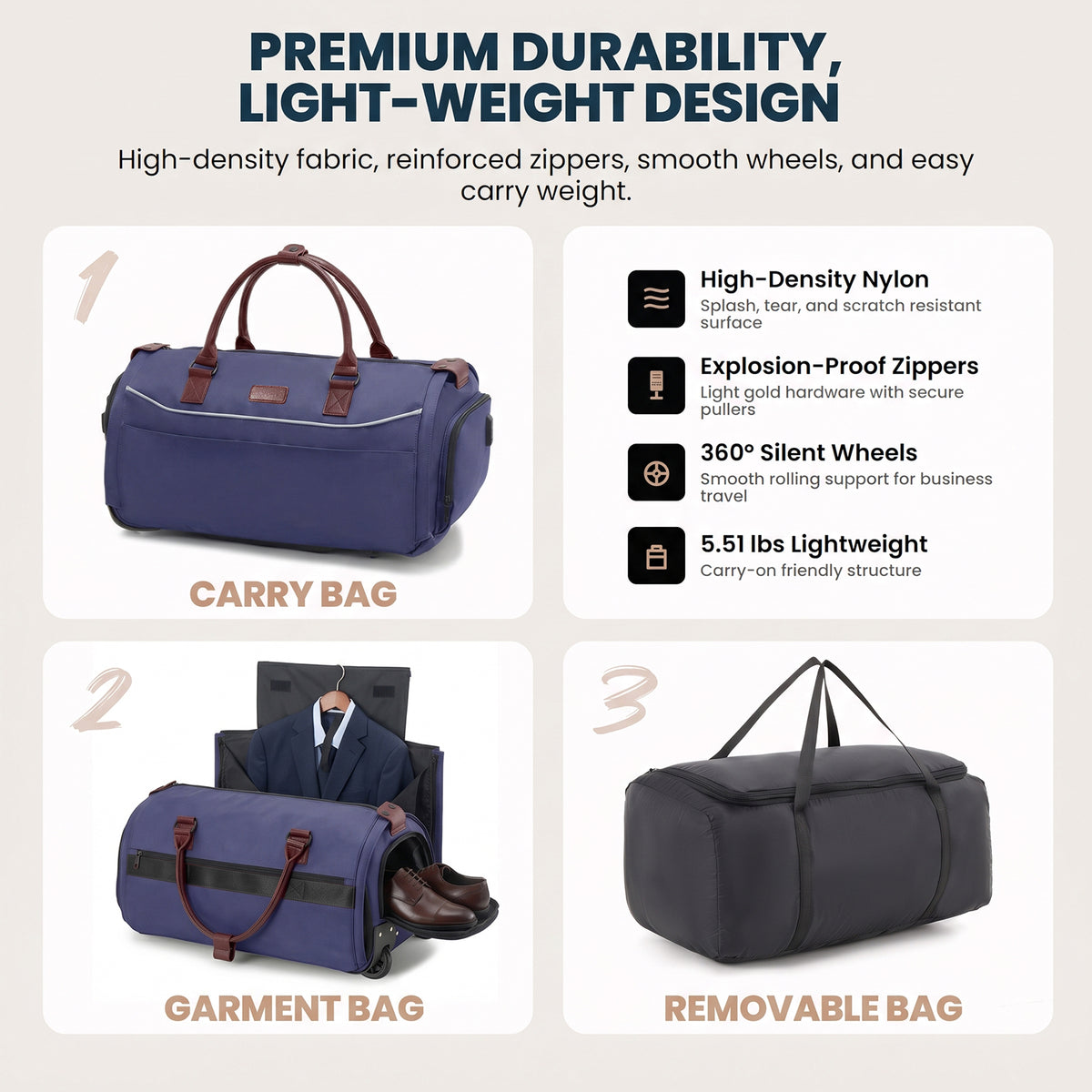 3-in-1 Rolling Garment Bag for Travel,Carry On Suit Travel Bag with Wheels,Shoe Compartment,Detachable Organizer,Wrinkle-Free Duffel Bag for Business Travel Wedding
