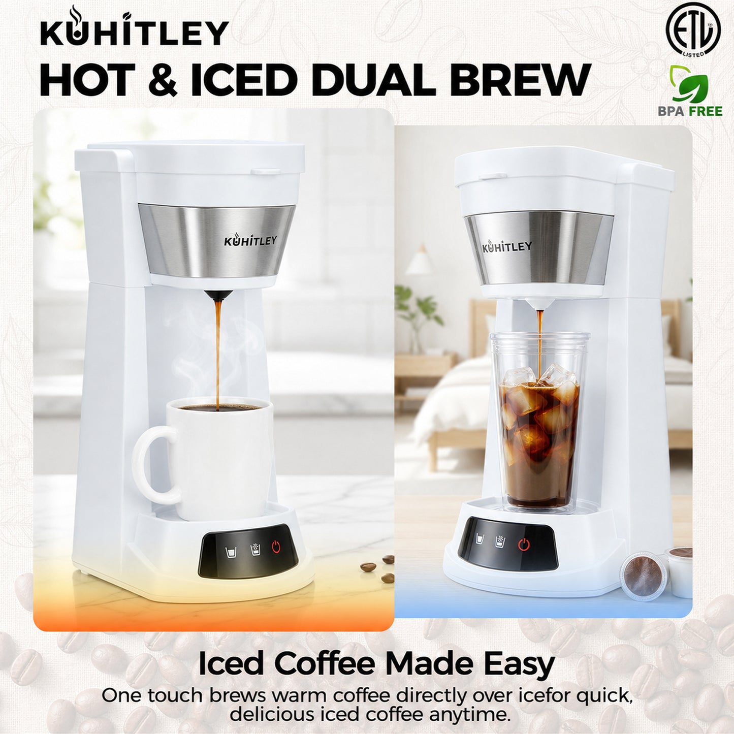 Kuhitley Single Serve Coffee Maker for Grounds,14oz Hot & Iced Coffee Brewer with 420ml Water Cup,700W Compact Machine with Reusable Mesh Filter,One Cup Coffee Maker for Home