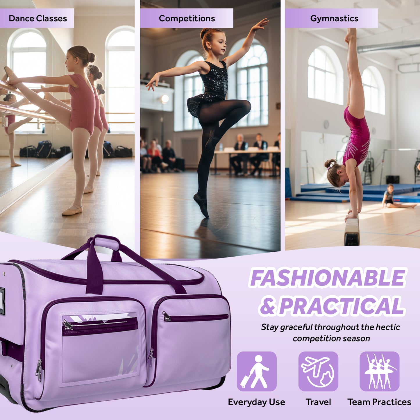 Fegat Dance Bag with Garment Rack - 28"Collapsible Rolling Competition Dance Duffle Bag Lightweight Costume Wheeled Suitcase for Dancers Shows Livestreamer Athletes,Purple