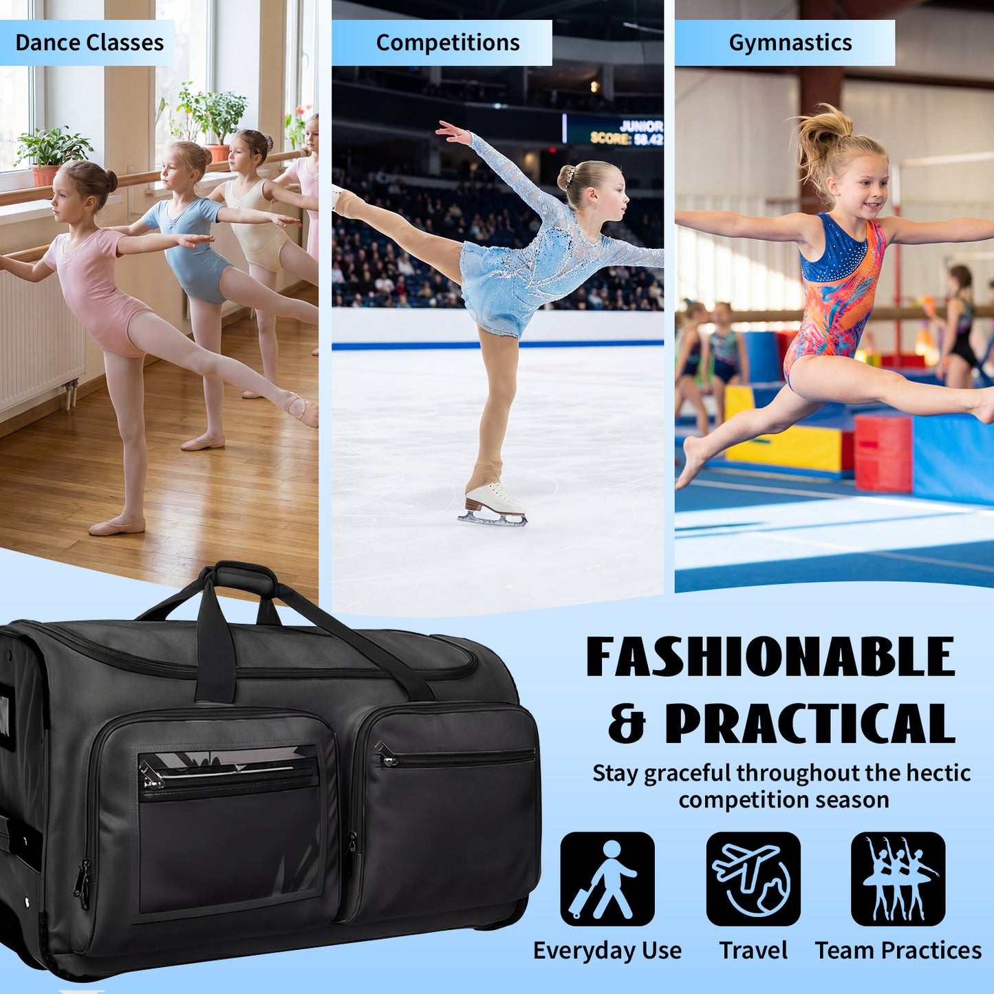 Fegat New Upgraded Dance Bag with Garment Rack,23" Lightweight Rolling Dance Duffel Bag Stable System Wheeled Costume Dance Bag for Dancers Shows Livestreamer Athletes