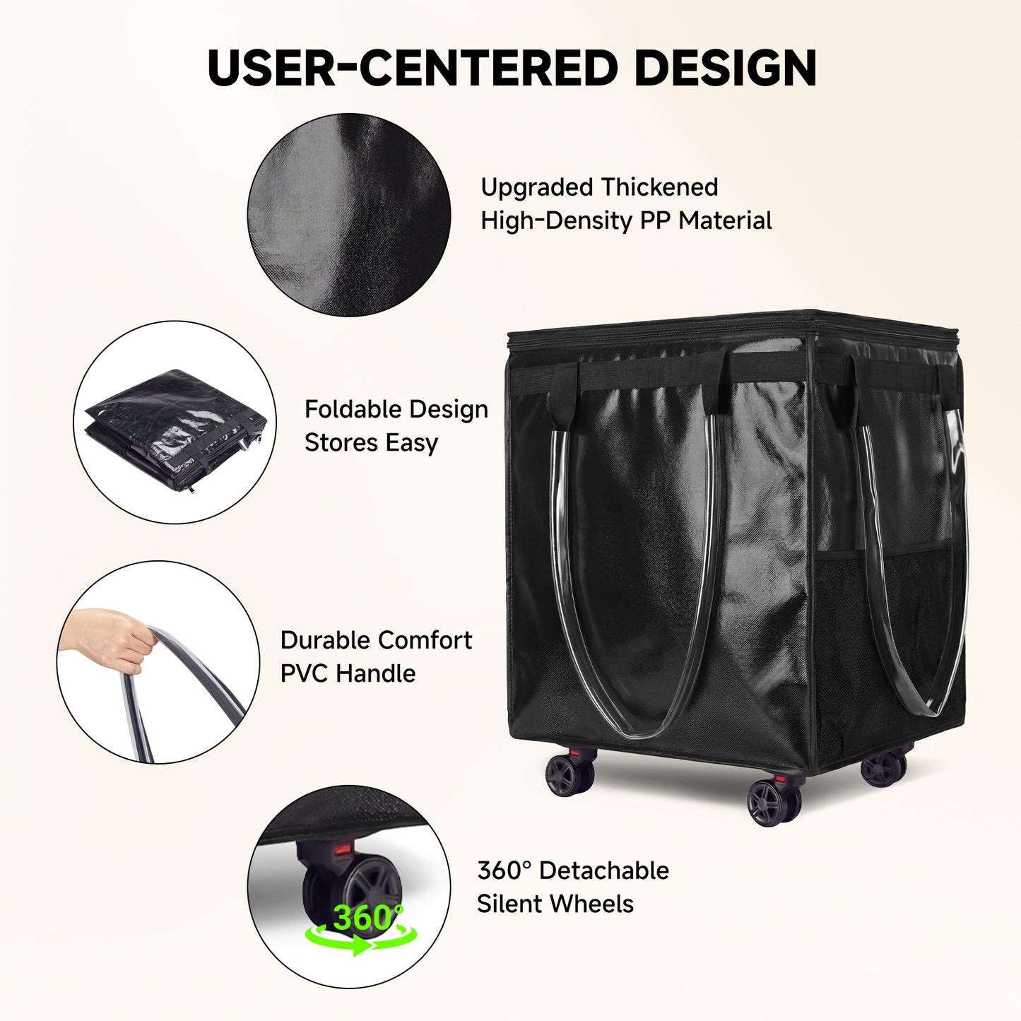 Fegat Reusable Grocery Bag on Wheels,Foldable Rolling Tote,Large Shopping Bags with Wheels and Handle,Water-resistant Shopping Trolley for Trips, Moving,Laundry,Kitchen(Black)