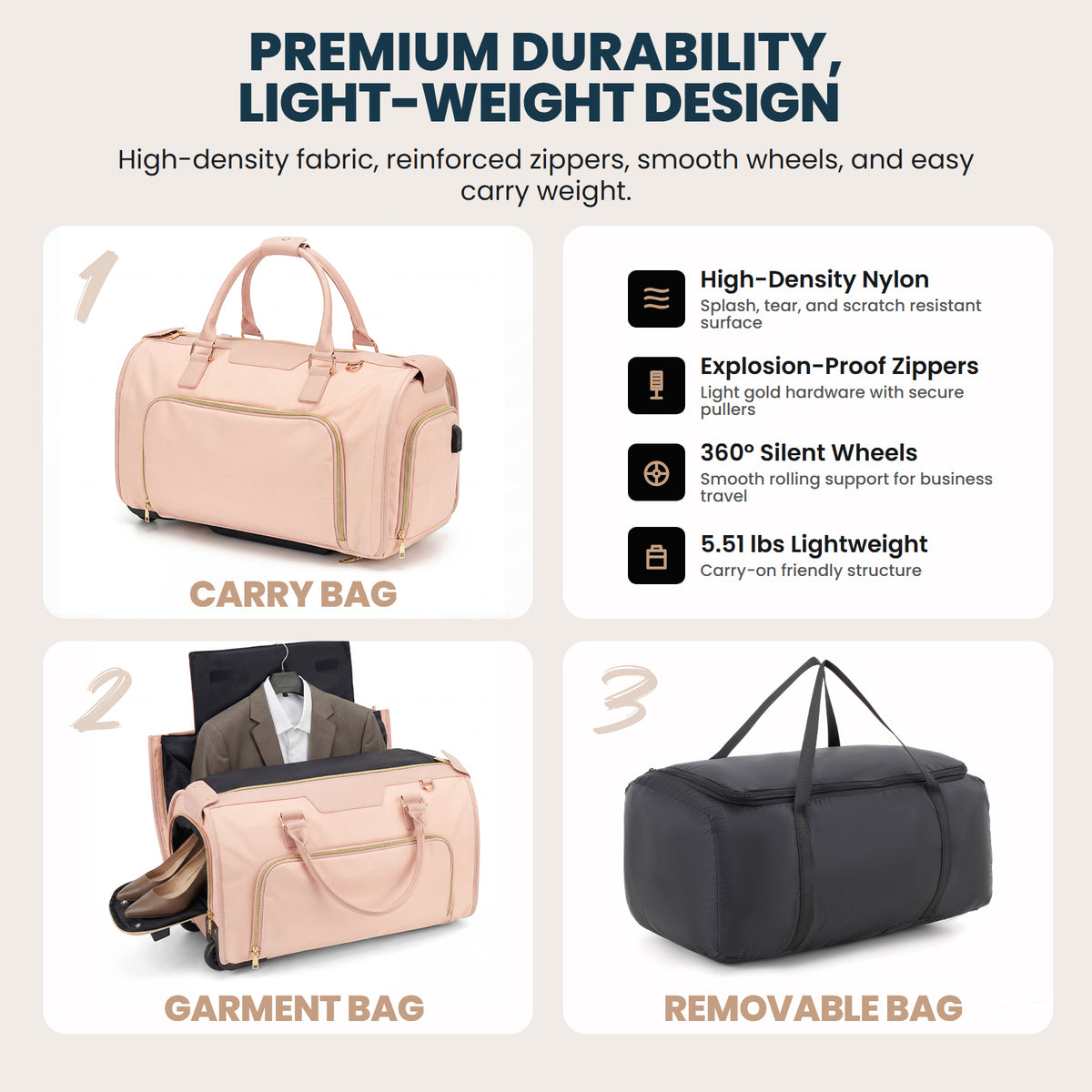 Rolling Garment Bag for Travel,3-in-1 Carry On Luggage with Wheels & Shoe Compartment,Detachable Bag,Large Suitcase Suit Business Duffle Bag,Organize for Suits, Dresses,Gowns