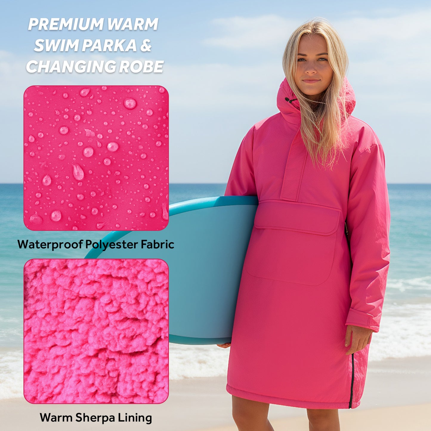 Lobmouse Swim Parka for Adult Youth and Kids,Comfort Sherpa Fleece Lining Swim Jacket,Waterproof Windproof Change Poncho Coat with Large Front Pocket for Surfing Swimming Home