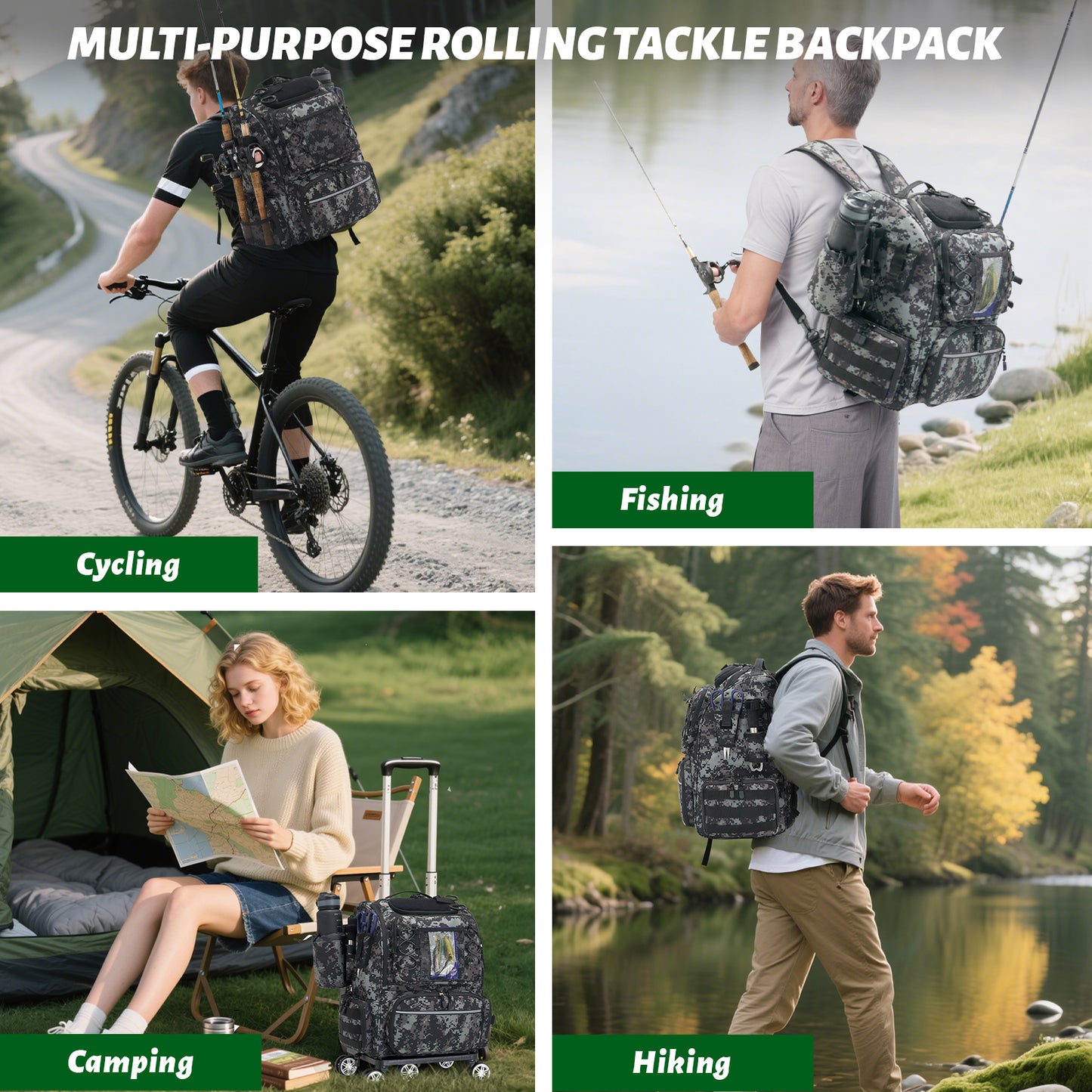 Fegat Rolling Fishing Tackle Backpack with Rod & Gear Holder, 48L Large Wheeled Storage Bag Tackle Boxes Organize Fishing Equipment for Camping,Hunting Gifts for Men Father, Black